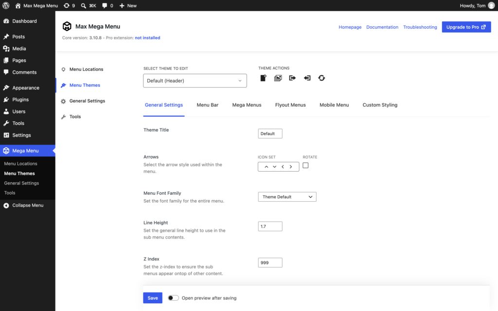 The menu theme editor