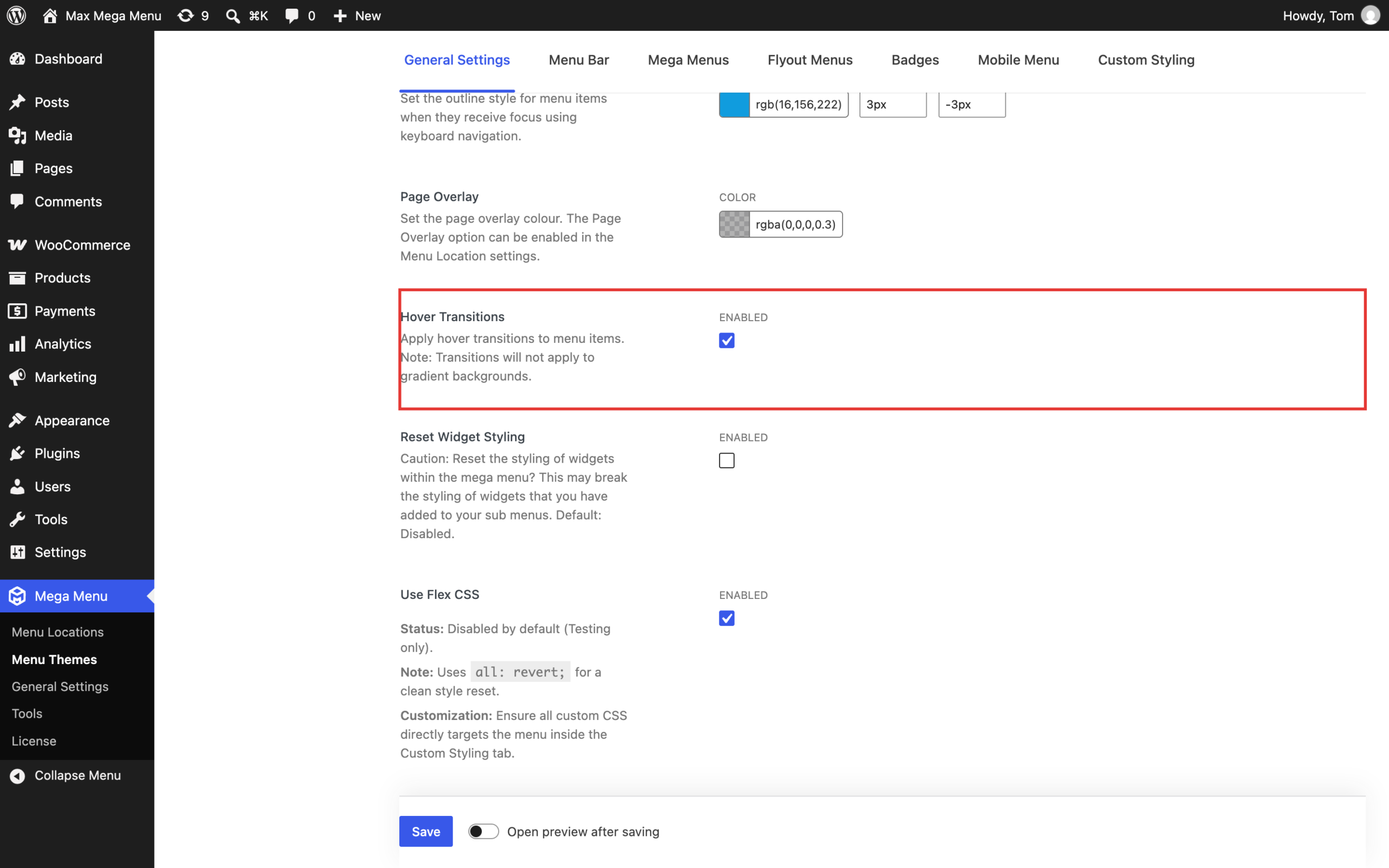 Hover Transitions option on the General Settings tab