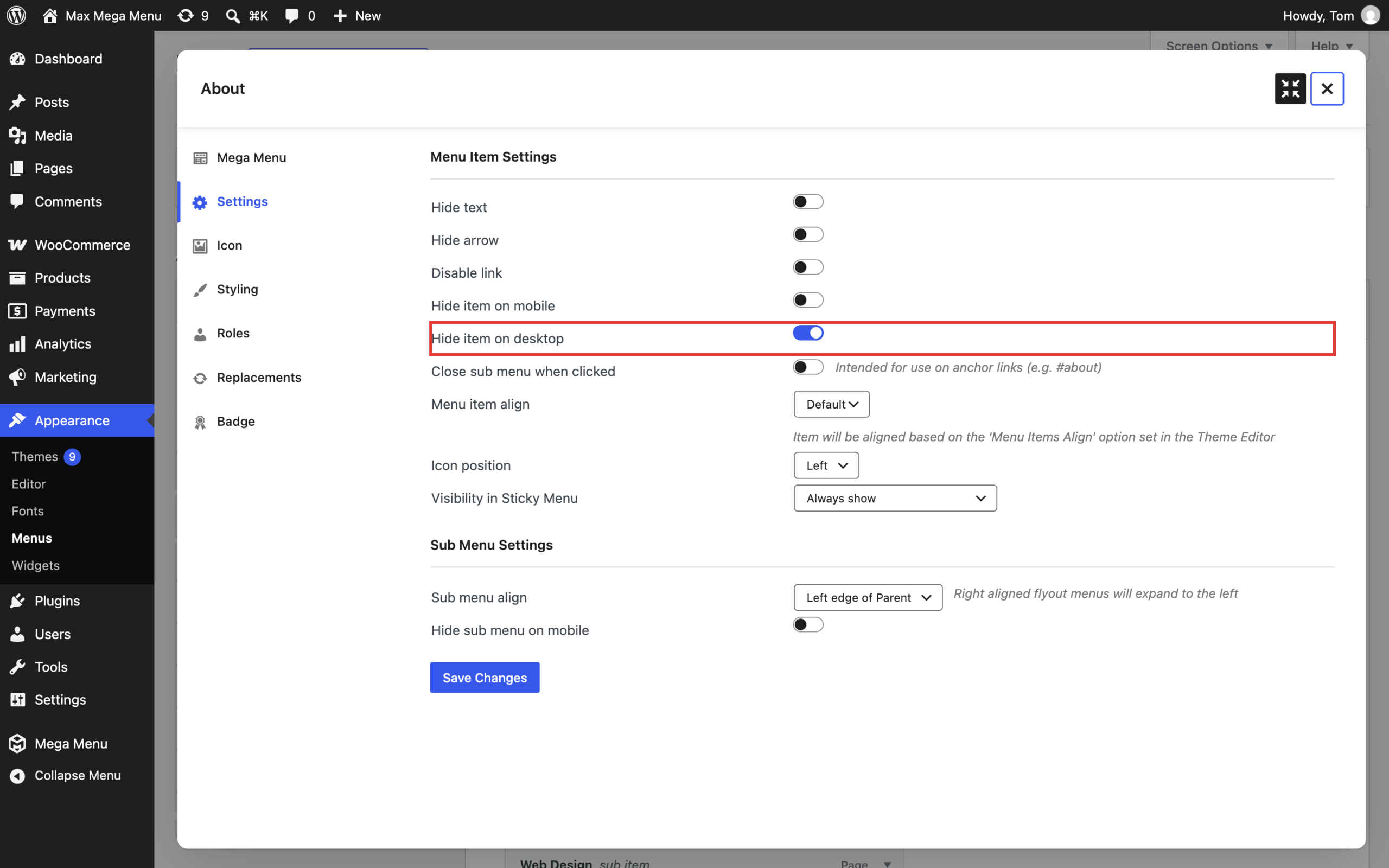 Hide item on desktop option enabled on the Settings tab