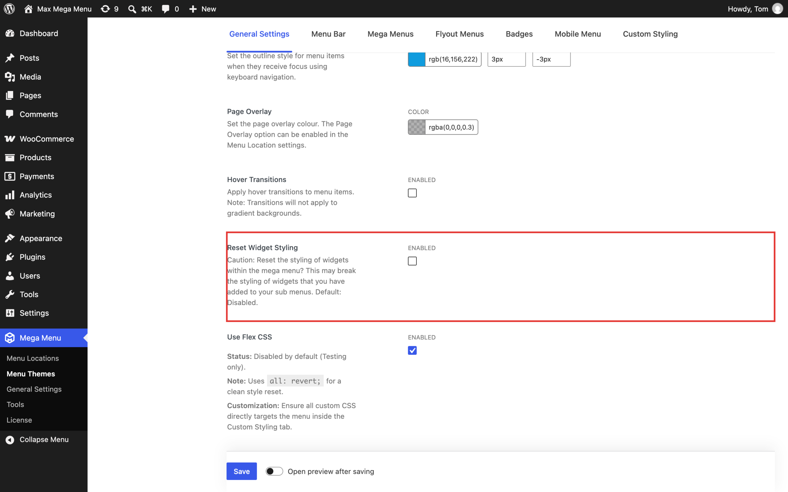 Reset Widget Styling option on the General Settings tab
