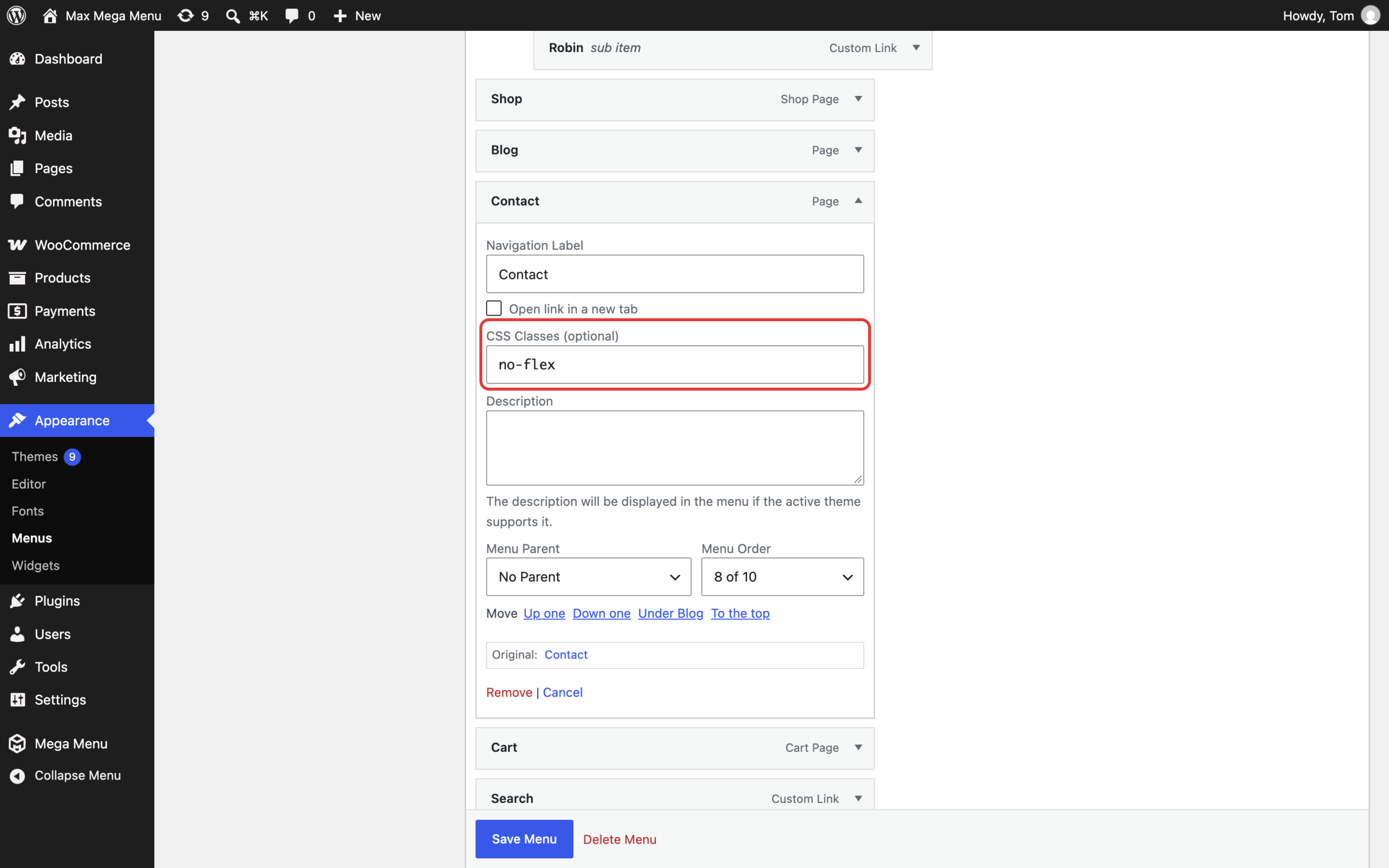 no-flex CSS class added to a menu item