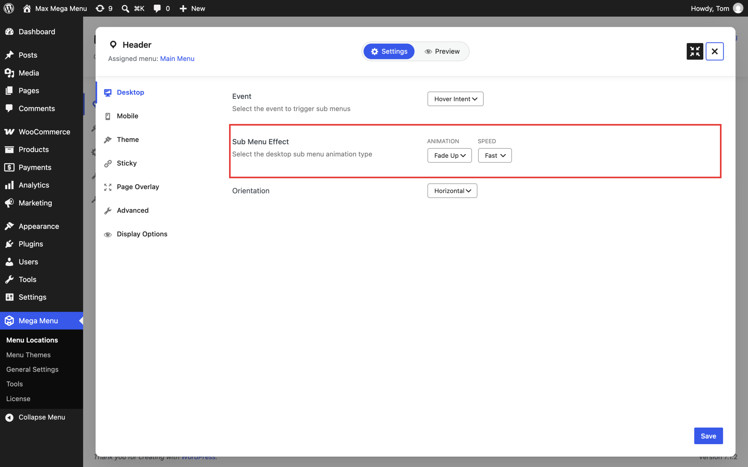 Sub Menu Effect animation and speed options in the menu location settings