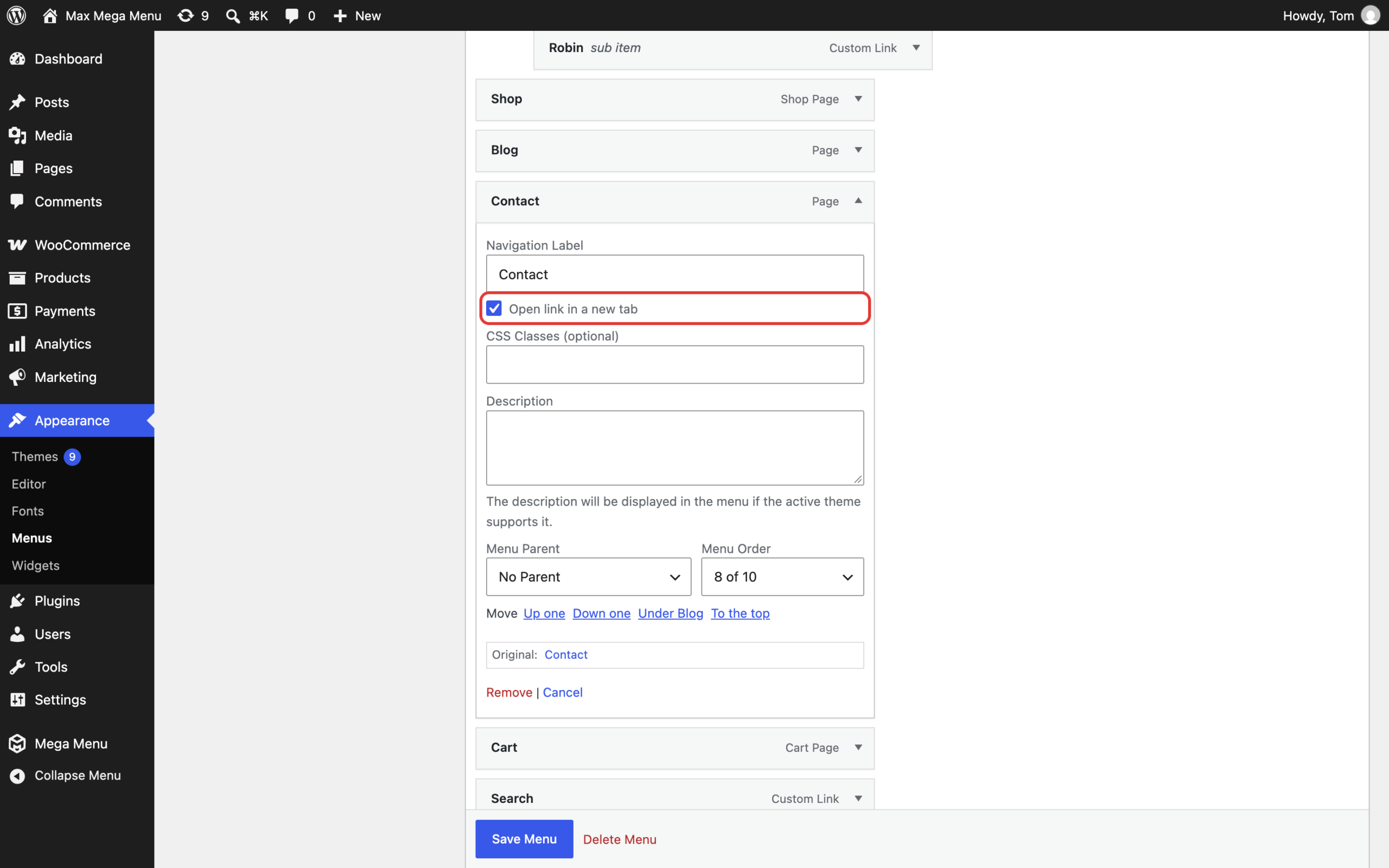 Open link in a new tab option for a menu item