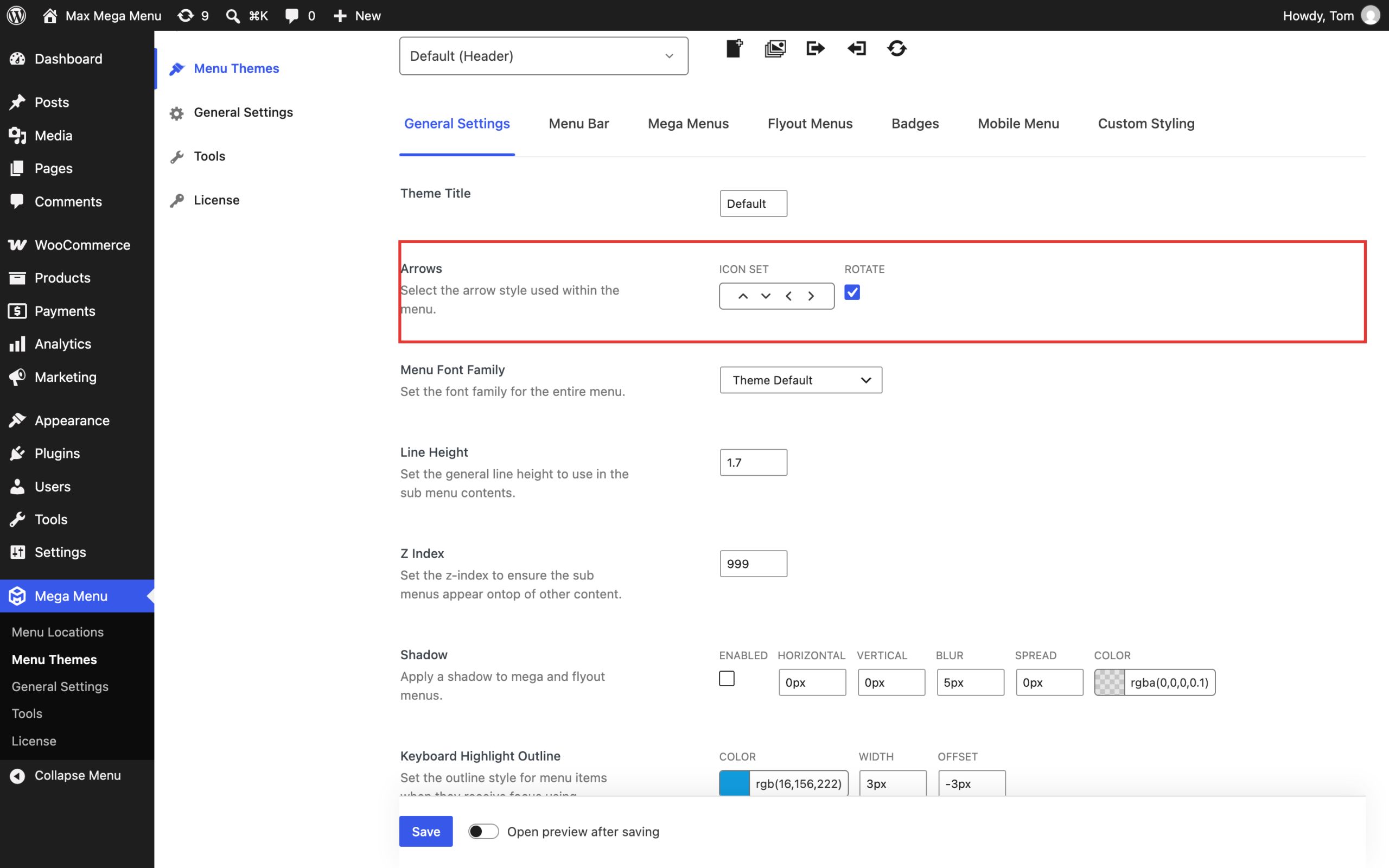 Rotate option under Arrows on the General Settings tab of the theme editor
