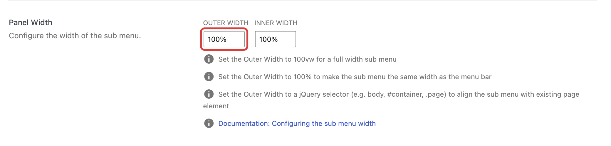 Panel Width outer width set to 100%