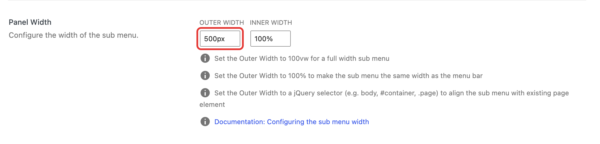 Panel Width outer width set to 500px