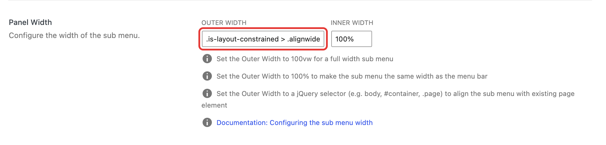 Panel Width outer width set to a jQuery selector