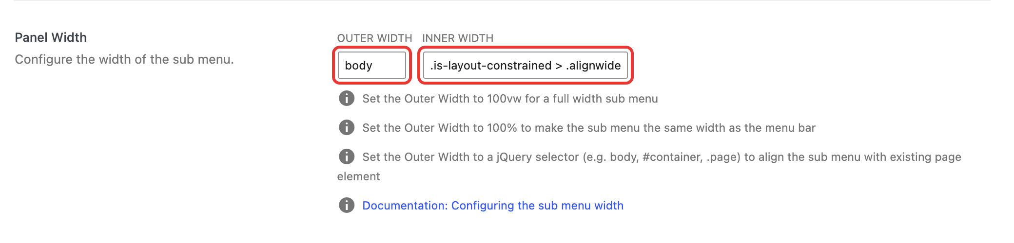 Panel Width outer width set to body and inner width set to a selector