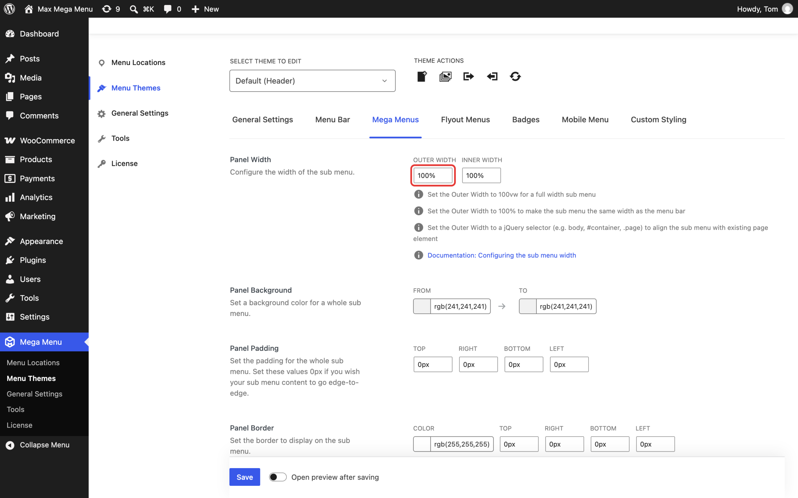 Panel Width setting on the Mega Menus tab of the theme editor