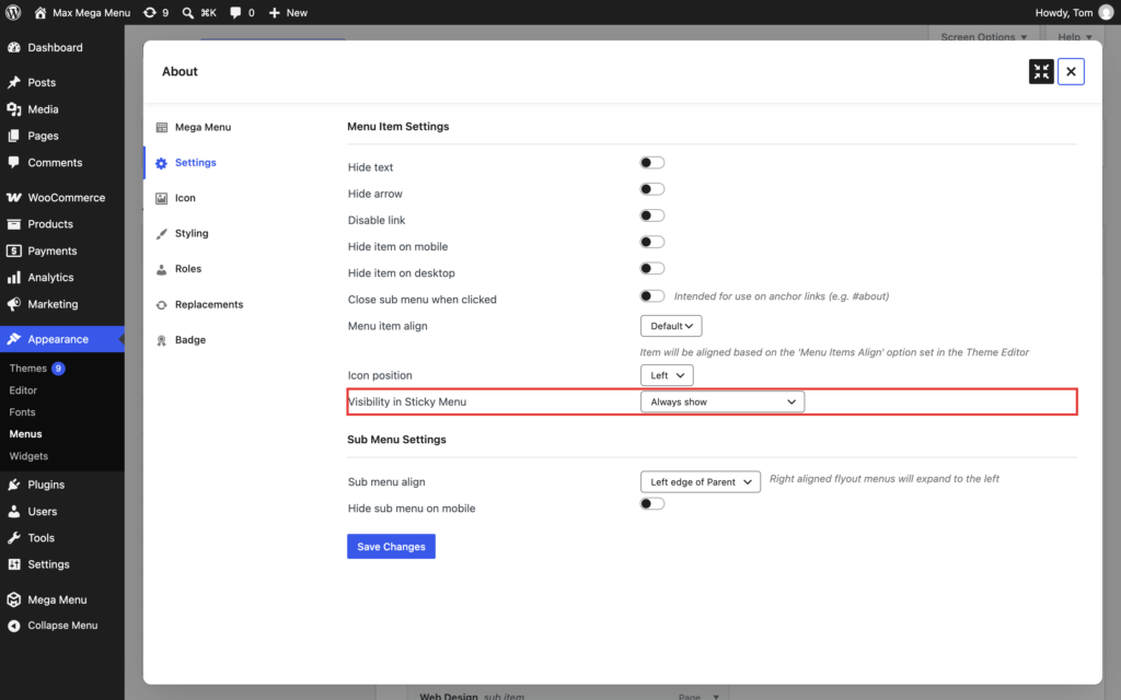 Visibility in Sticky Menu option on the Settings tab