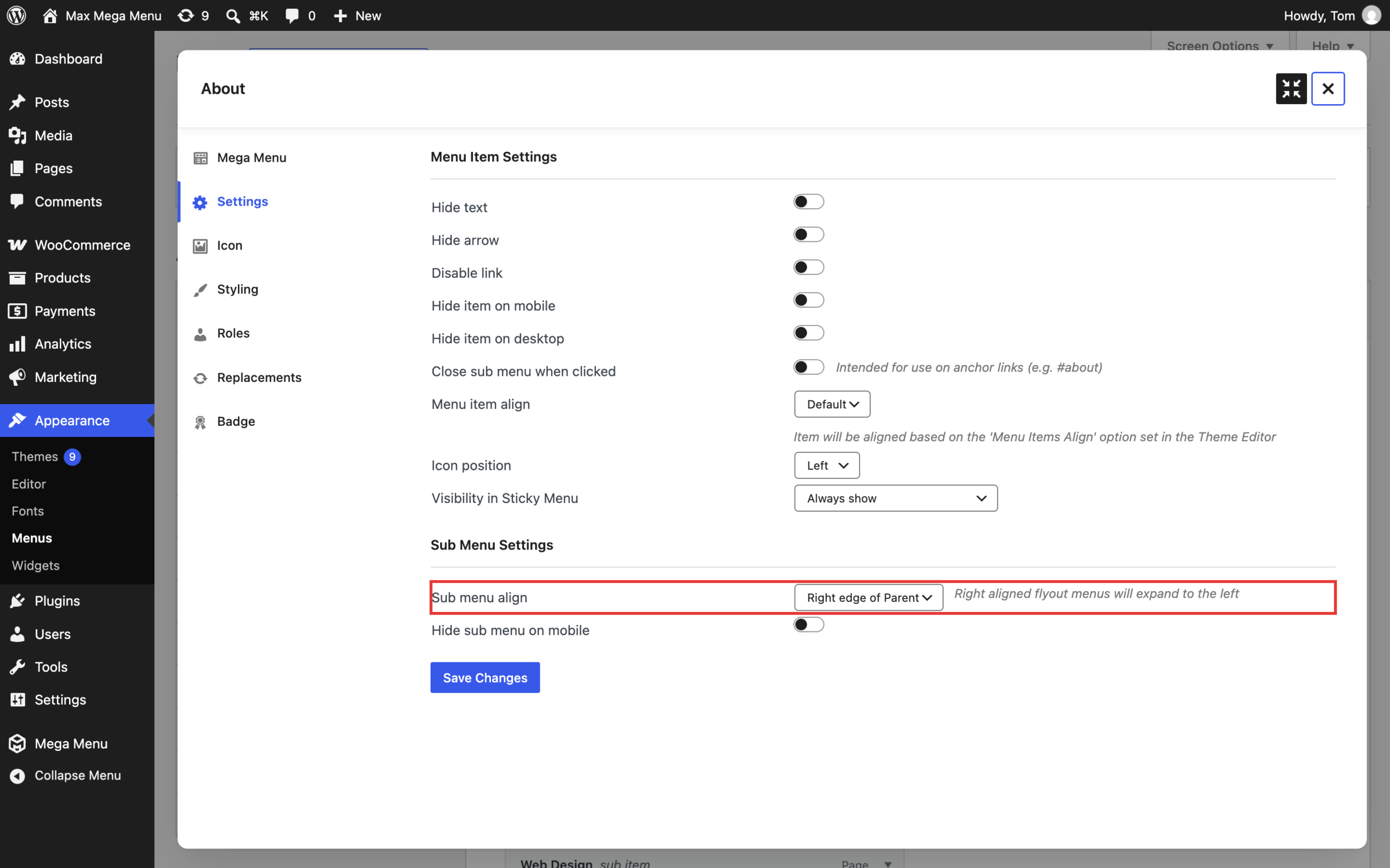 Sub menu align set to Right edge of Parent