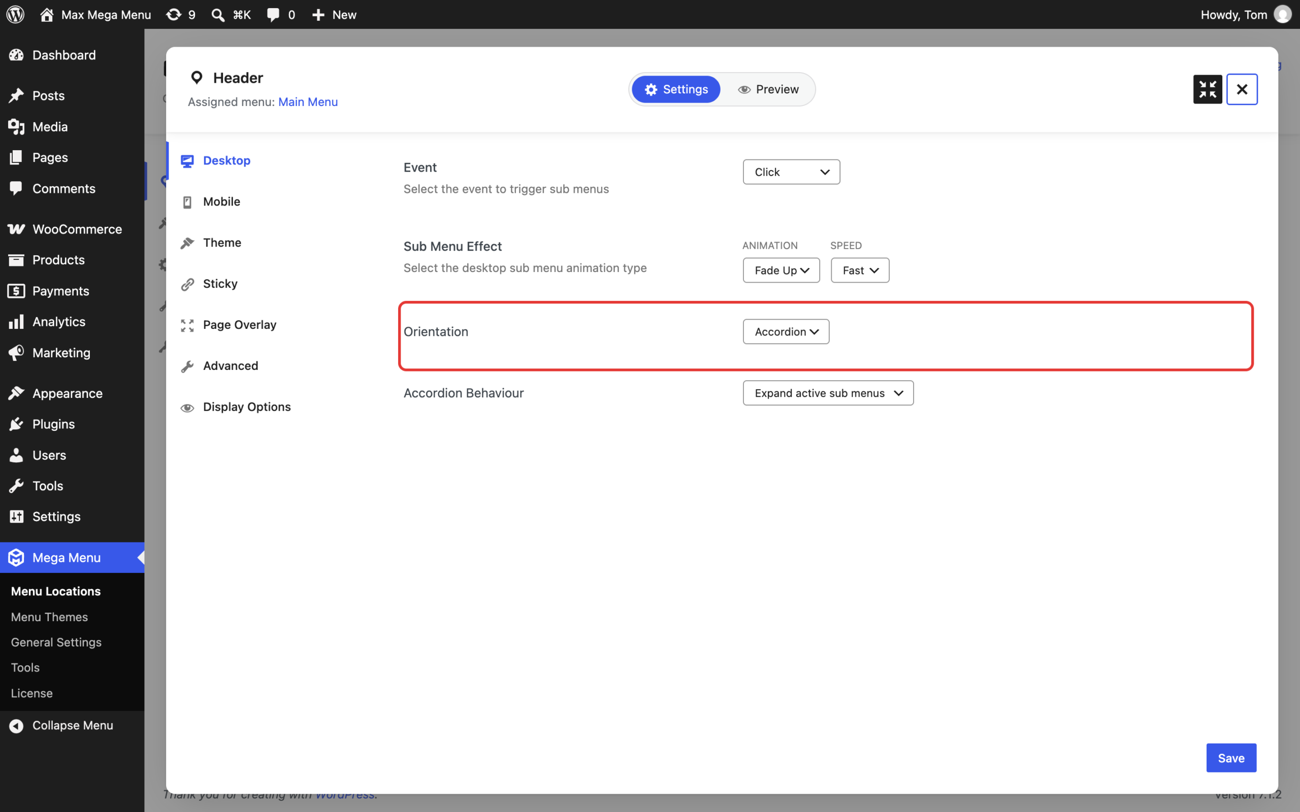 Orientation set to Accordion in the menu location settings
