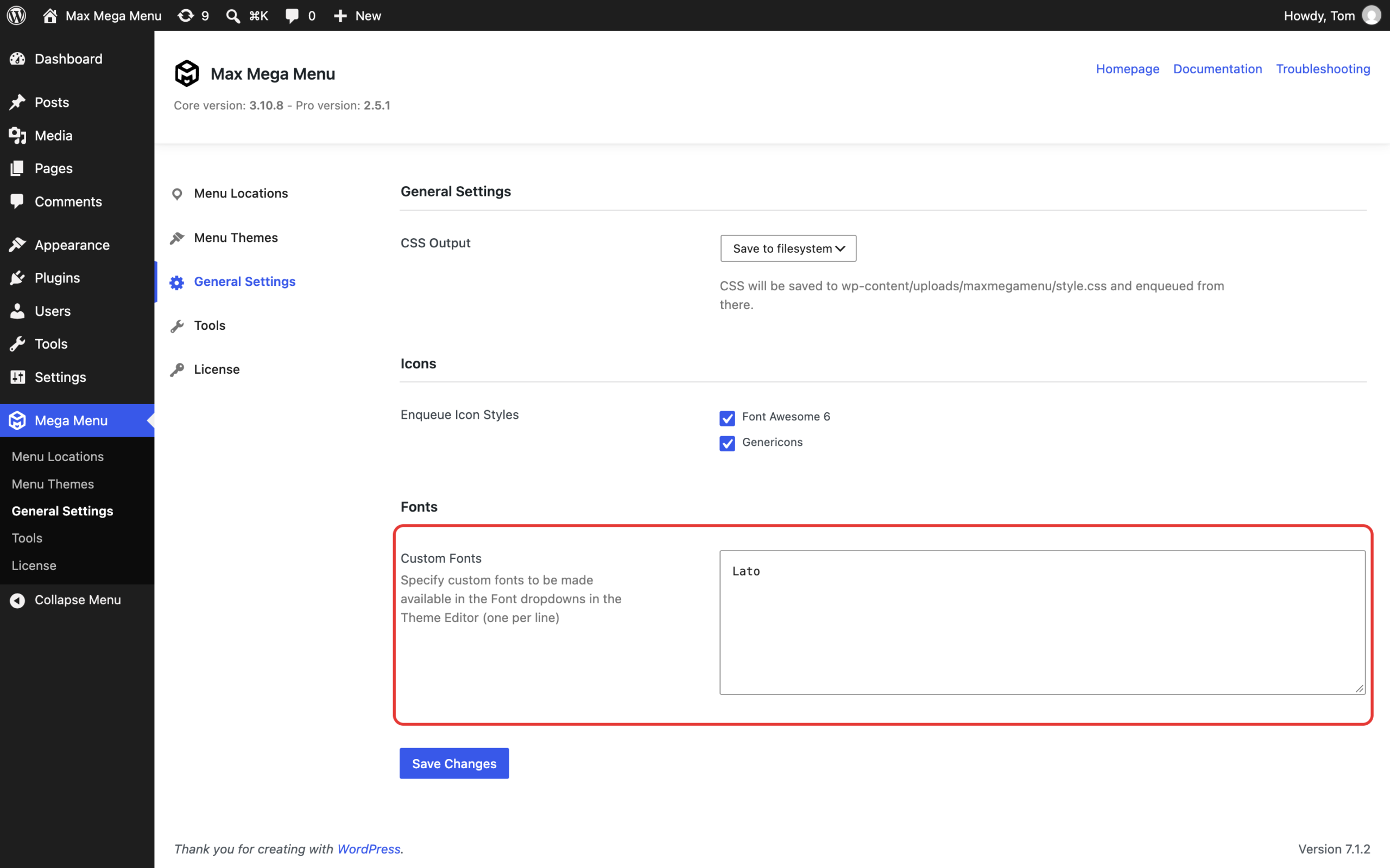 Custom Fonts setting in Mega Menu > General Settings