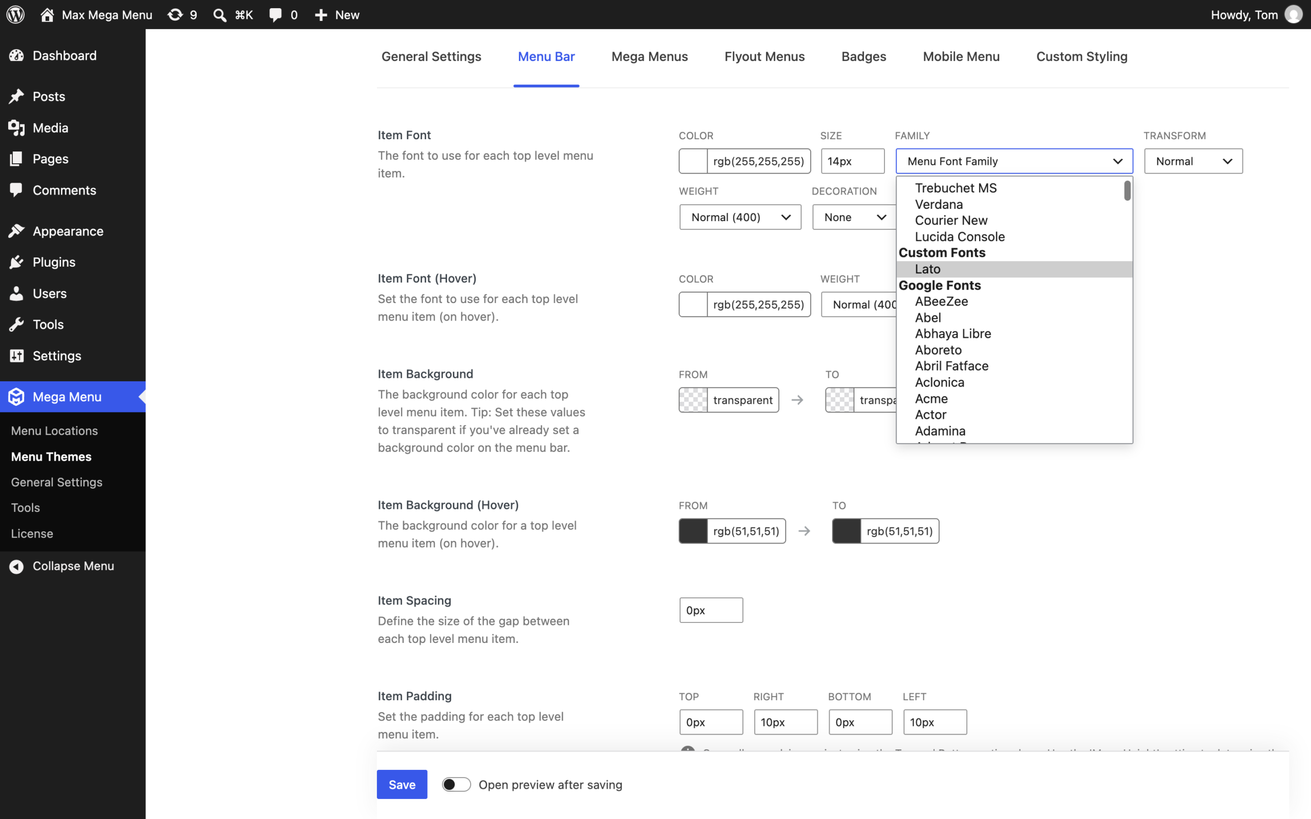 Custom fonts listed in the theme editor font family dropdown