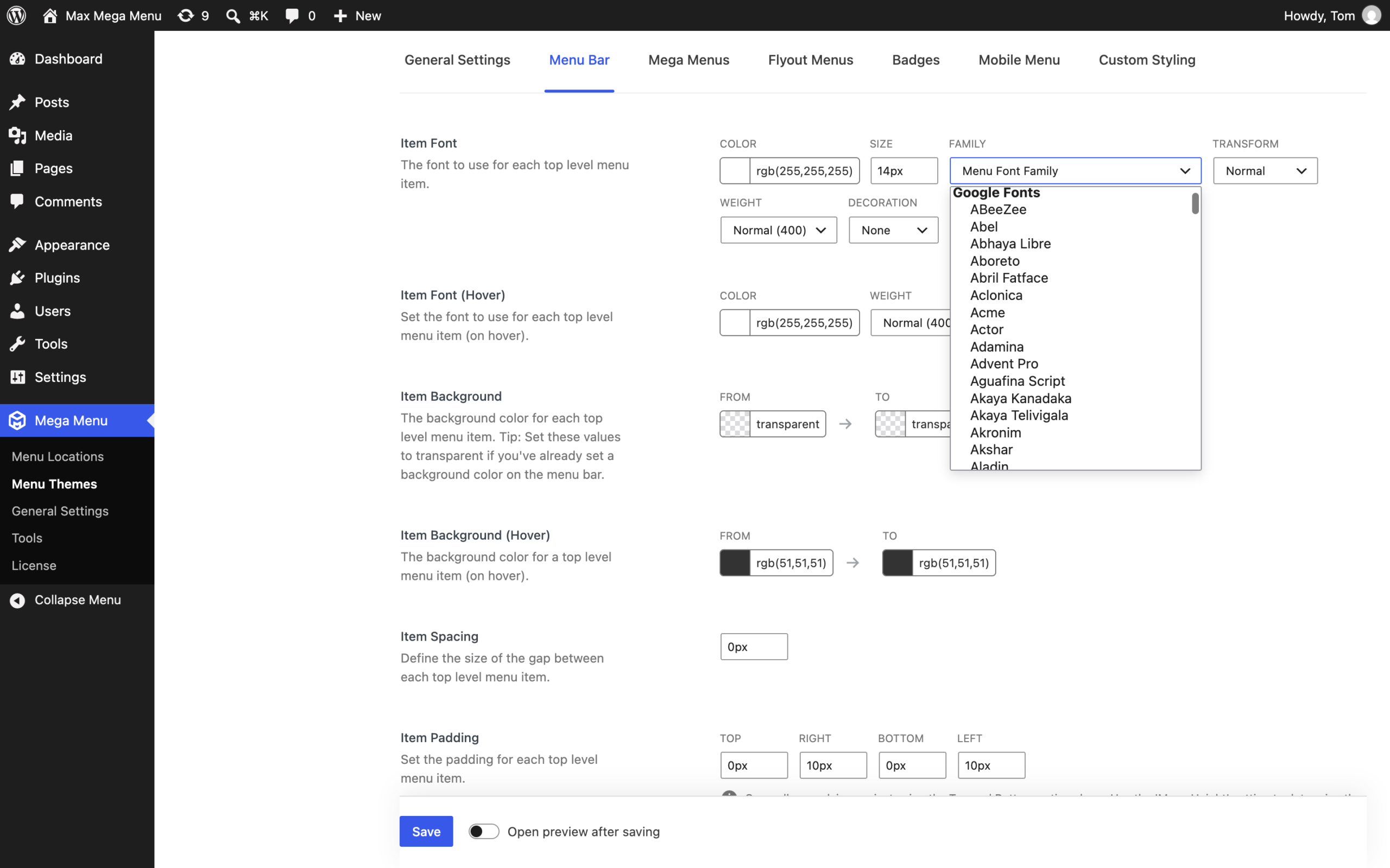 Google Fonts listed in the Max Mega Menu theme editor font family dropdown