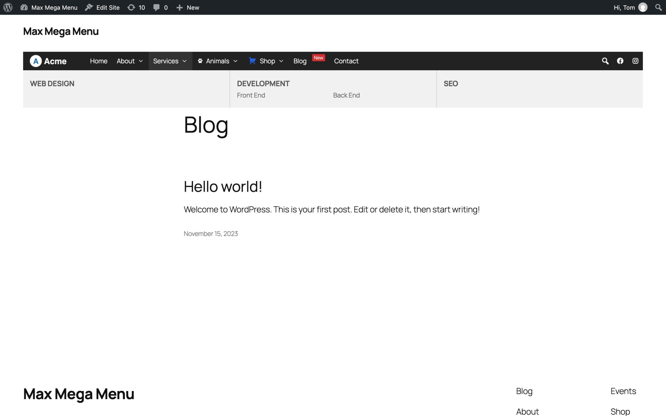 Grid layout mega menu with equal height columns separated by borders