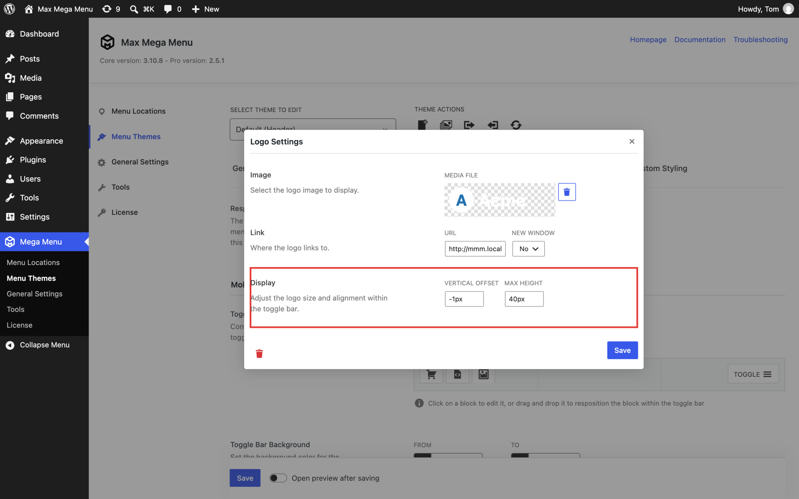 Logo toggle block settings with Max Height set to 40px