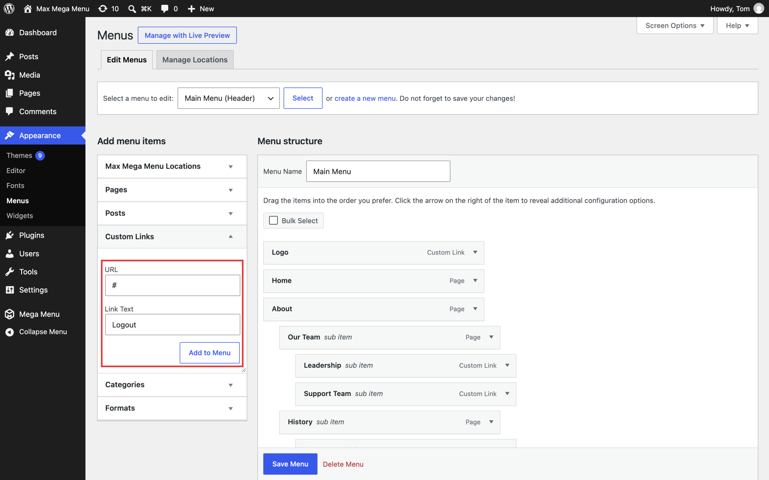 Adding a Logout custom link to the menu