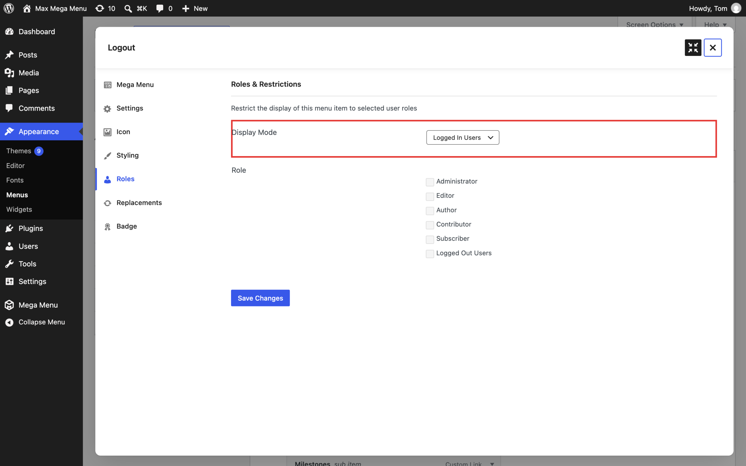 Roles tab with Display Mode set to Logged In Users