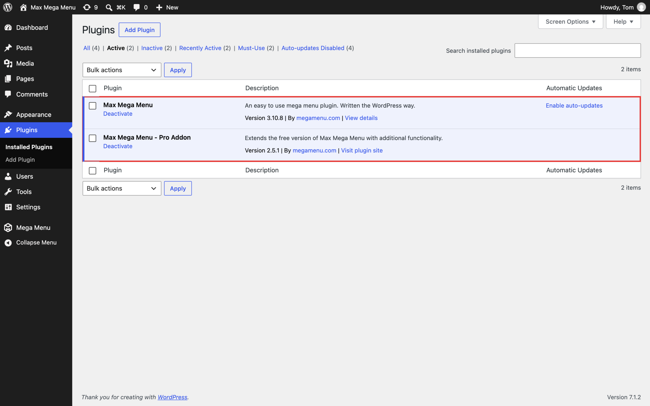 Max Mega Menu and Max Mega Menu Pro both active on the Plugins page