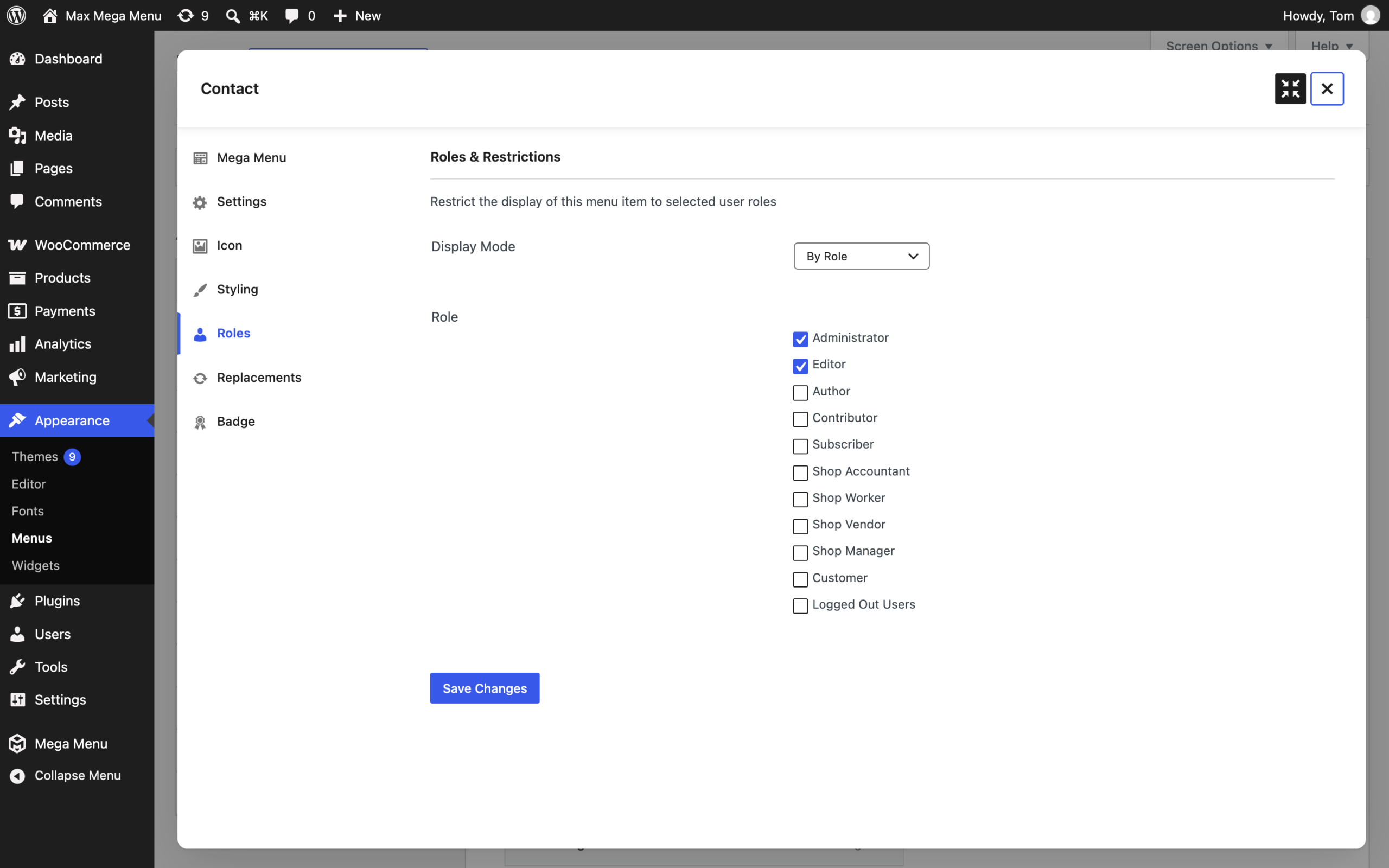Roles tab showing the Display Mode and Role settings for a menu item