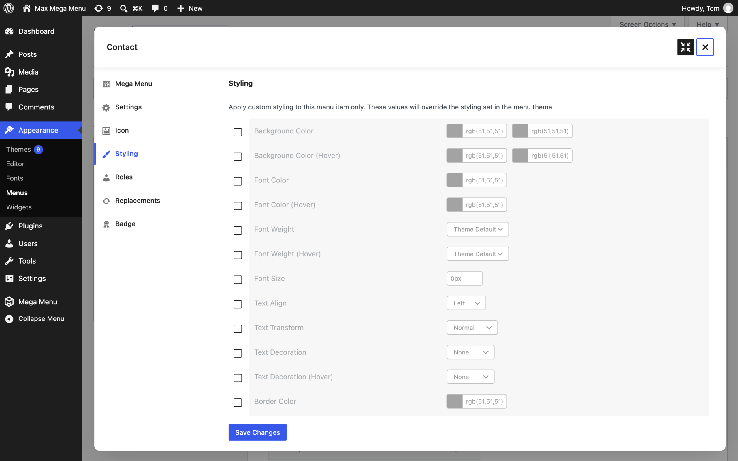 Max Mega Menu Pro menu item Styling tab