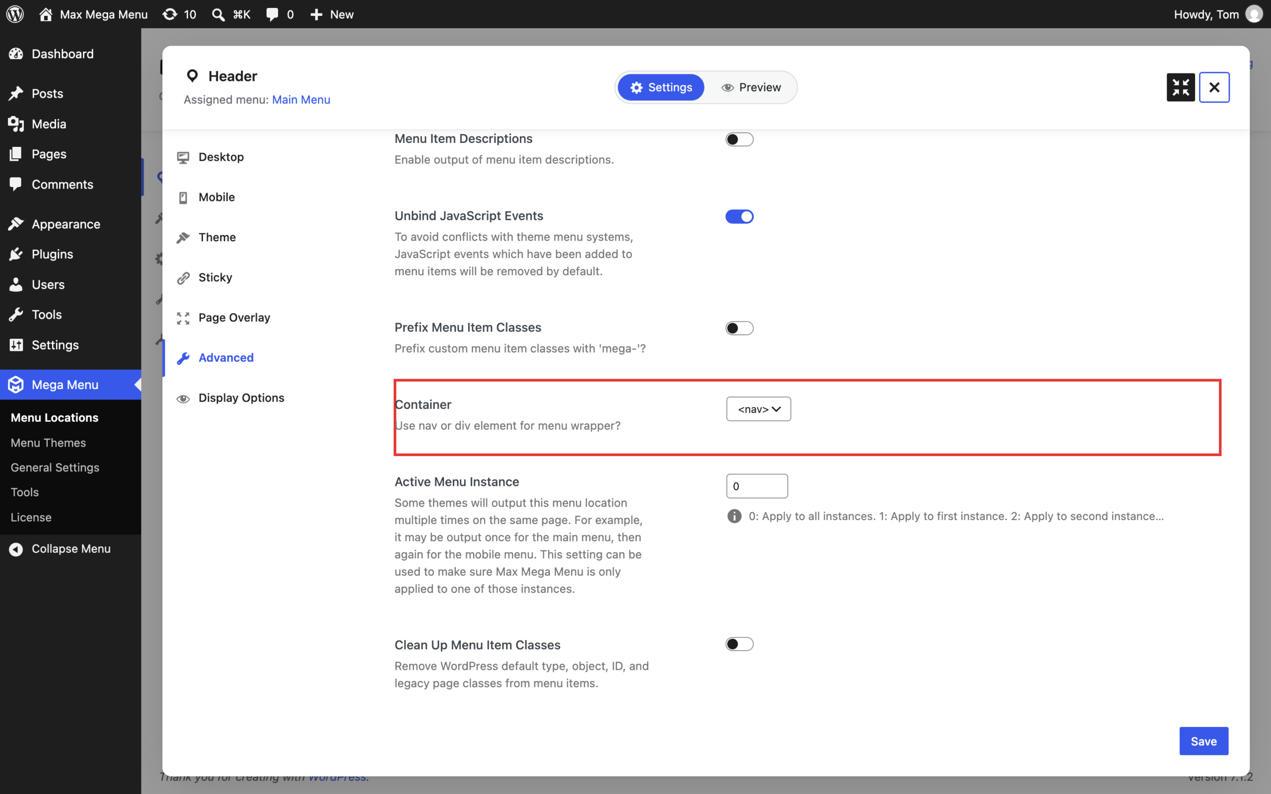 Container option set to nav on the Advanced tab of the menu location settings