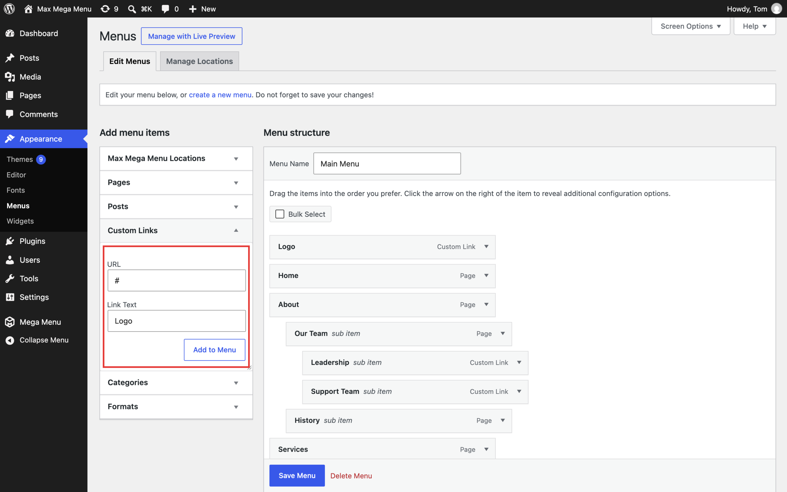 Adding a Logo custom link in Appearance > Menus