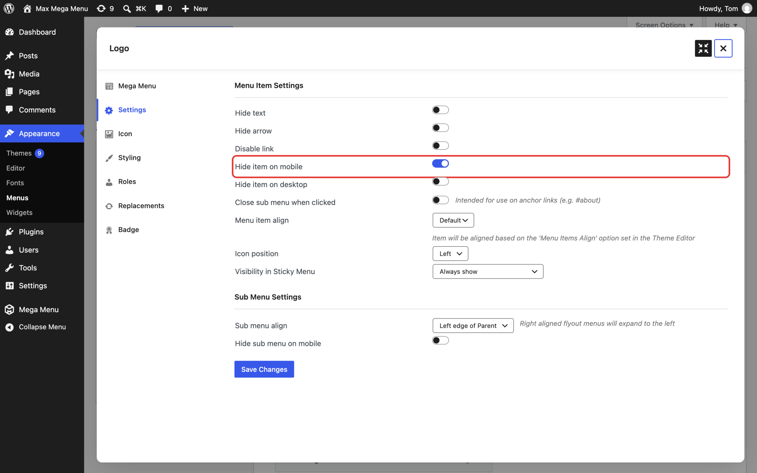 Hide item on mobile setting on the Settings tab