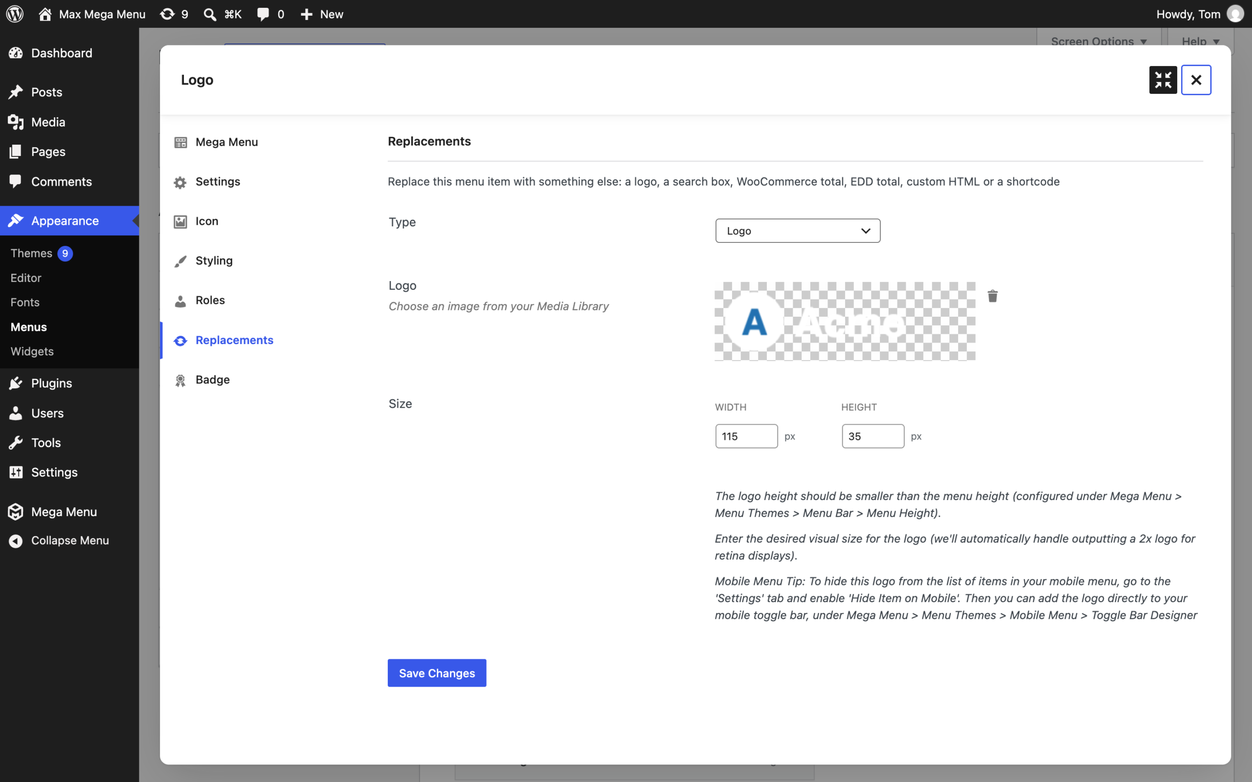 Replacements tab with Logo selected as the replacement type
