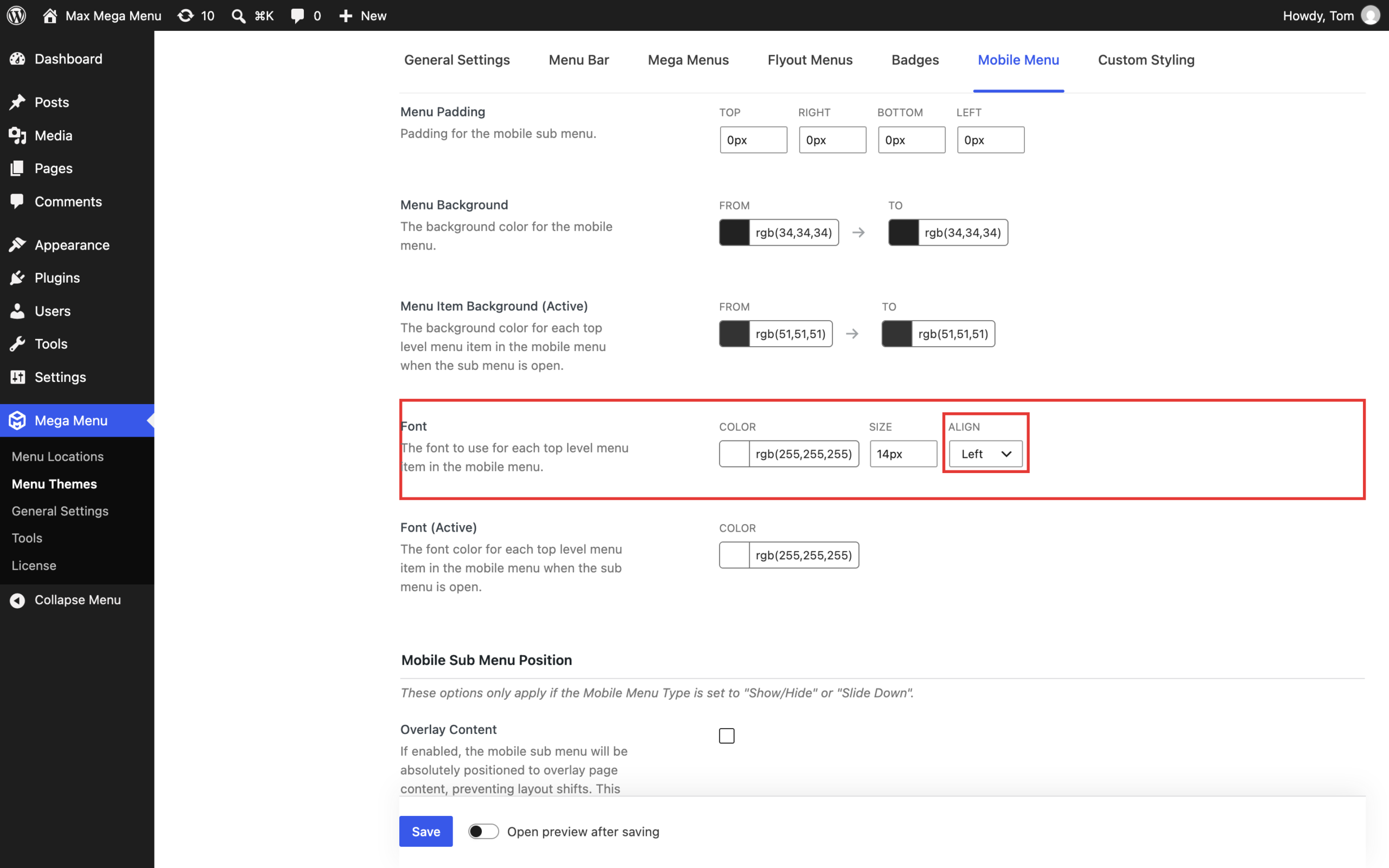 Font Align option on the Mobile Menu tab of the theme editor