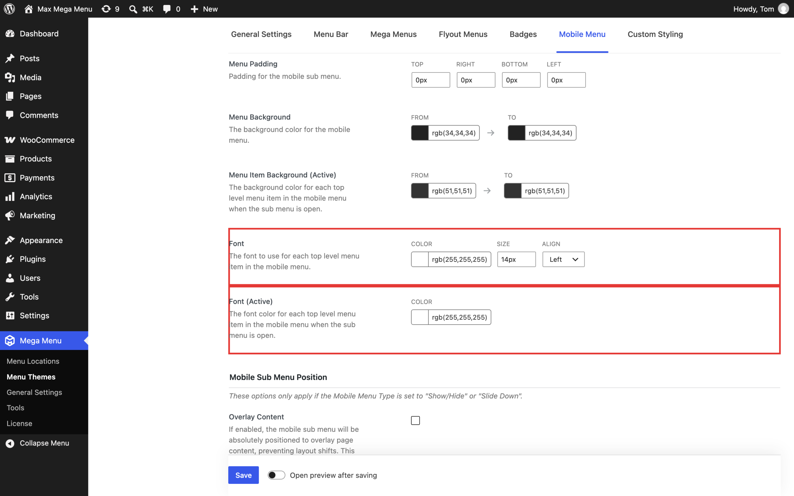 Mobile Menu Font and Font (Active) color settings in the theme editor