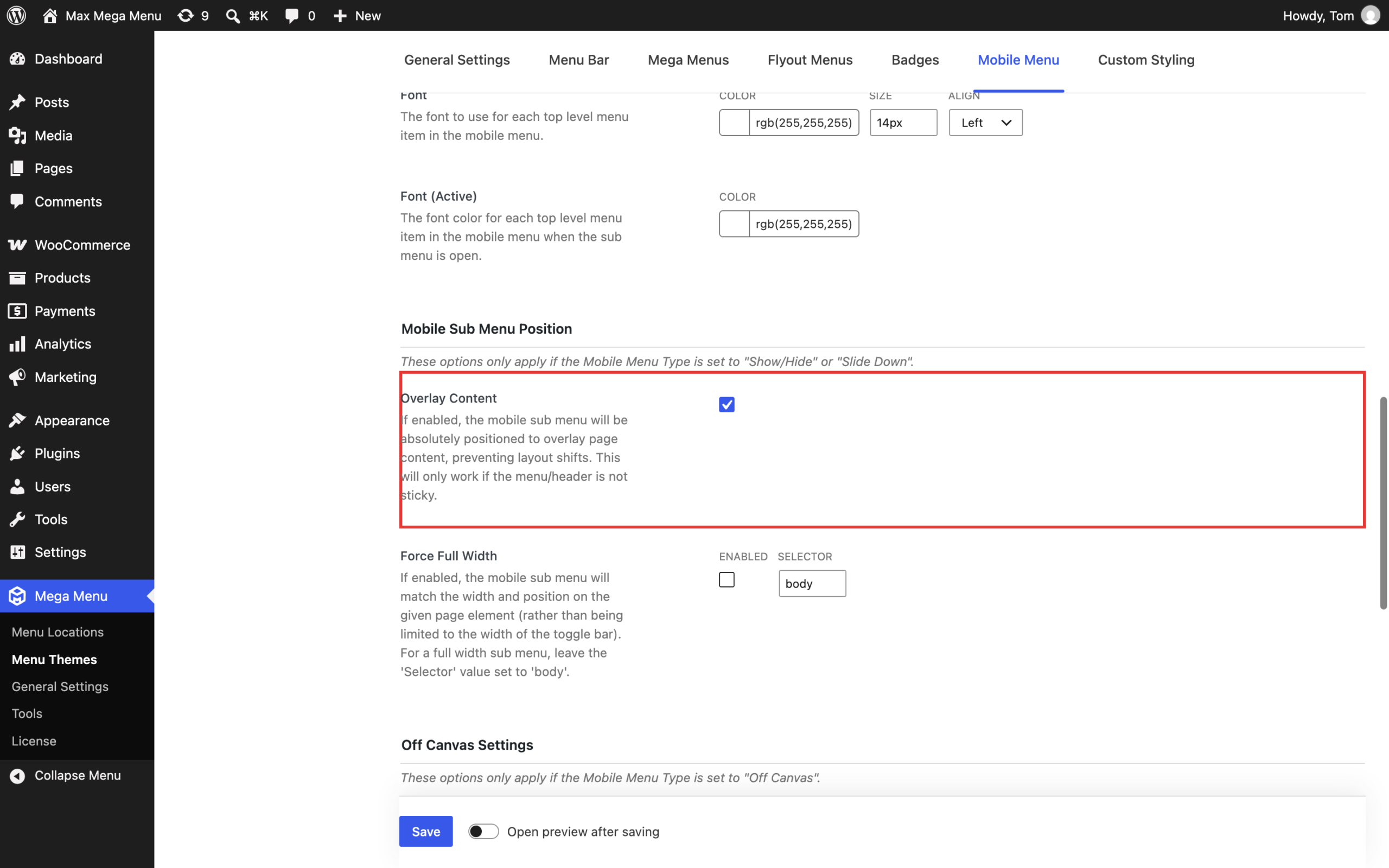 Overlay Content option under Mobile Sub Menu Position in the theme editor
