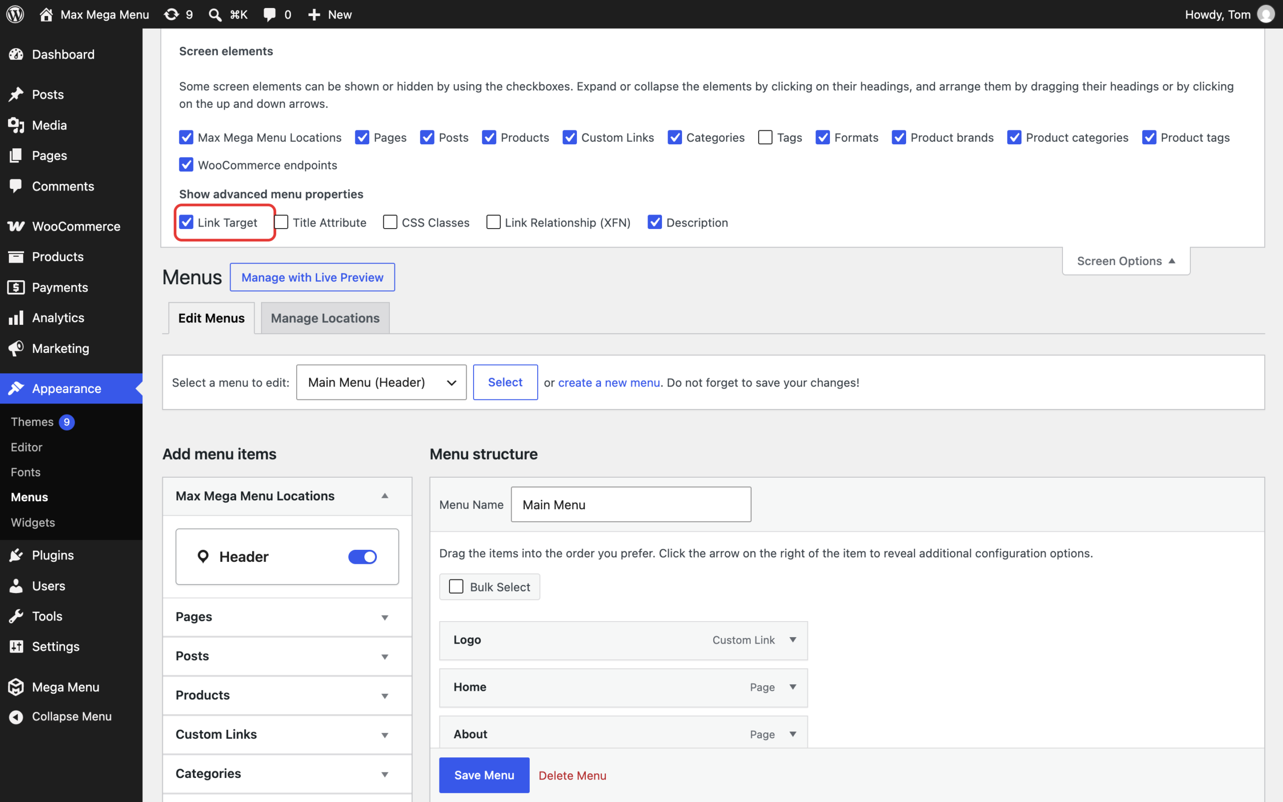 Link Target option in Screen Options