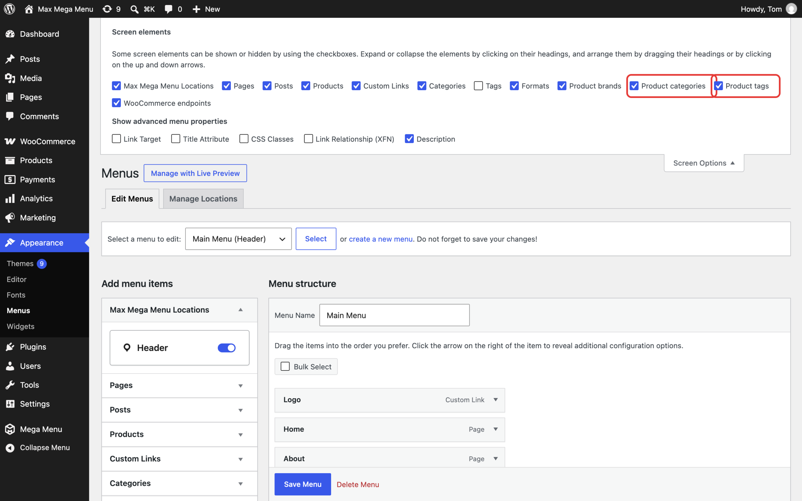 Product categories and Product tags options in Screen Options
