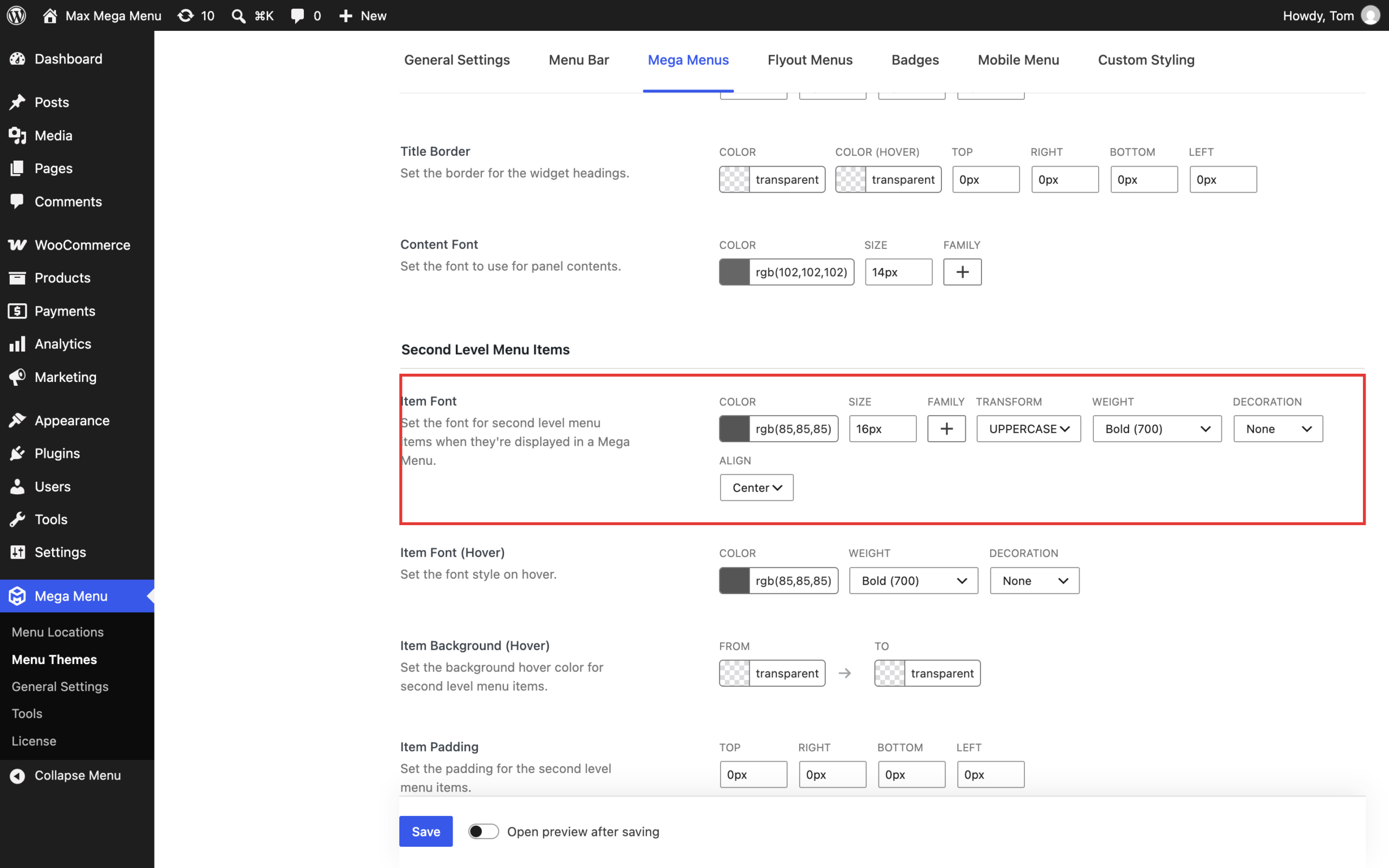 Second Level Menu Items font align set to Center in the theme editor