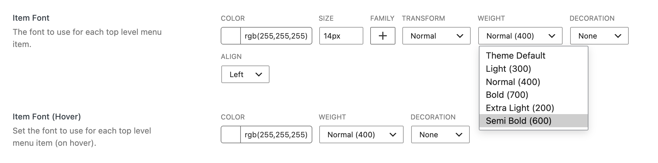 Extra Light and Semi Bold options in the font weight dropdown