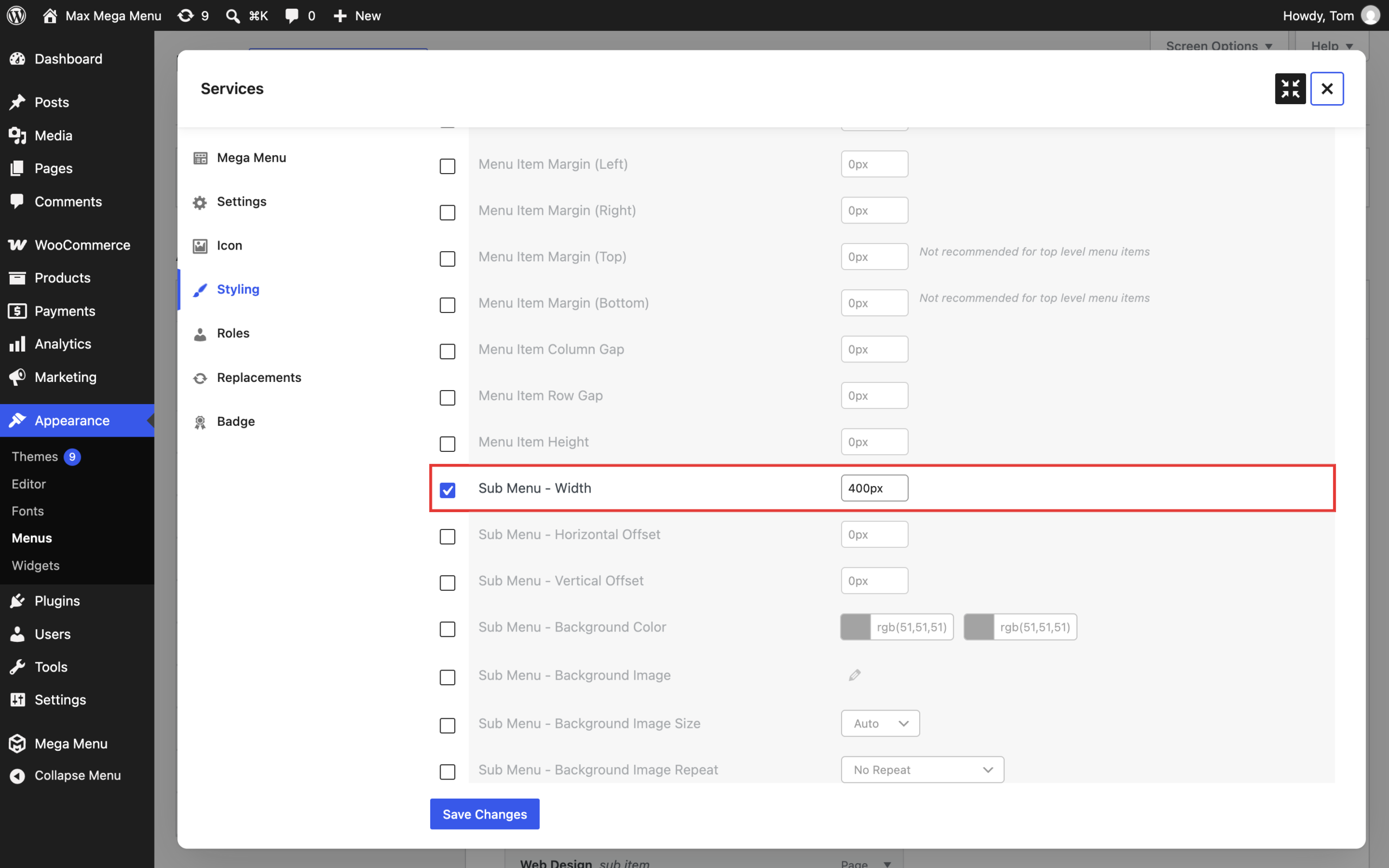 Sub Menu - Width option on the Styling tab of a menu item