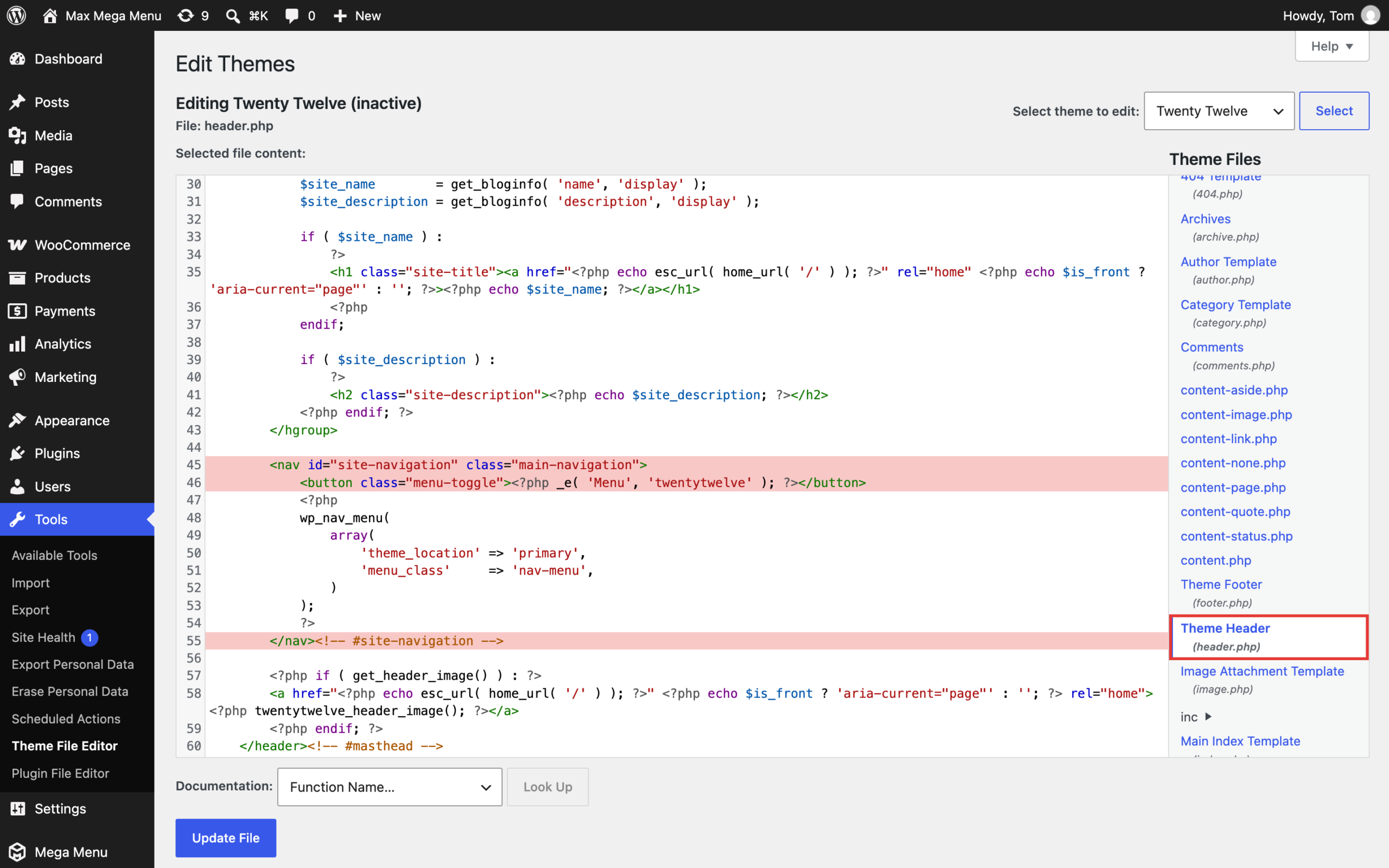 Theme File Editor showing the HTML wrapping wp_nav_menu in the Twenty Twelve header.php file