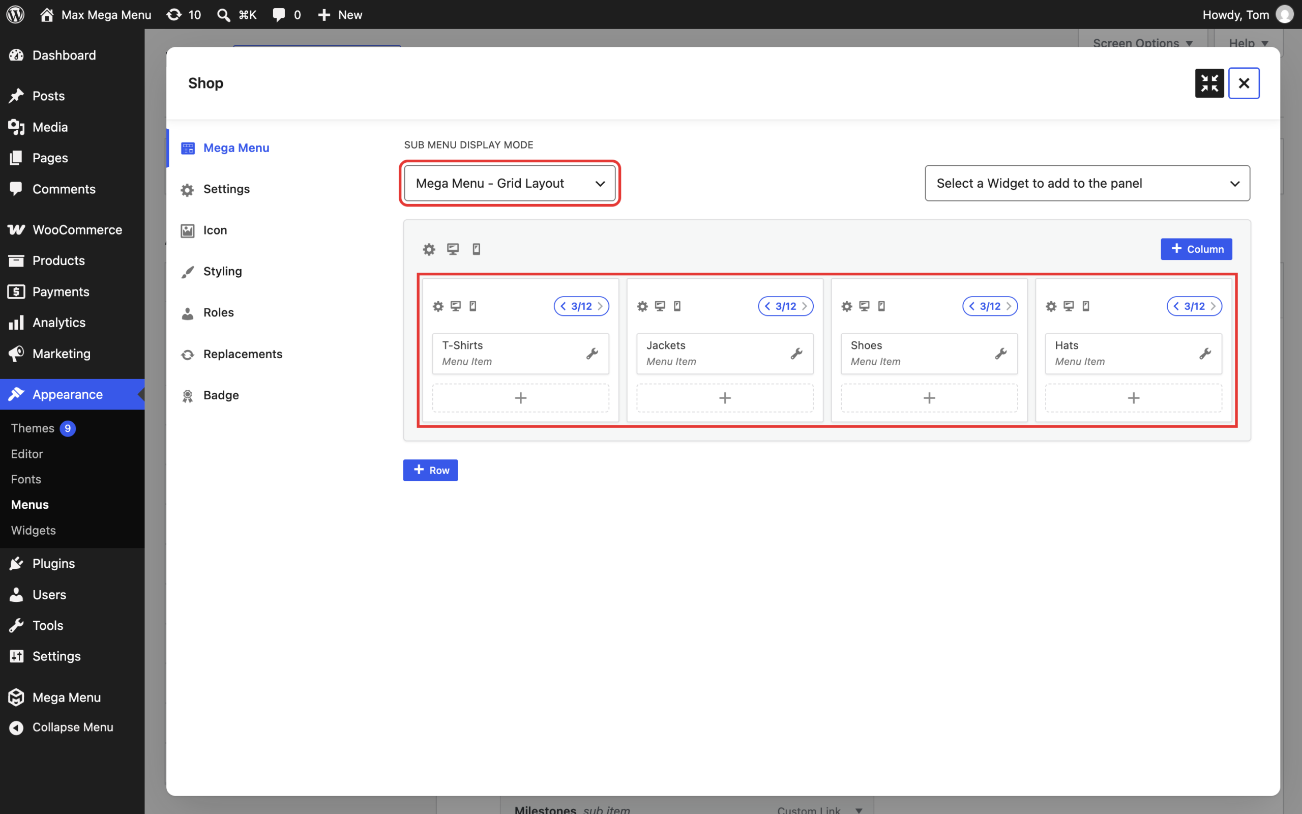 Shop menu item set to Mega Menu - Grid Layout with four columns