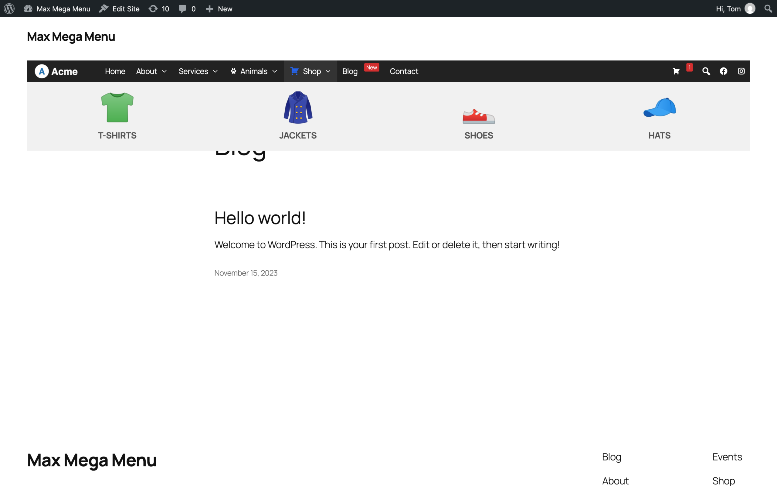 Product categories with centered icons and text in the mega menu