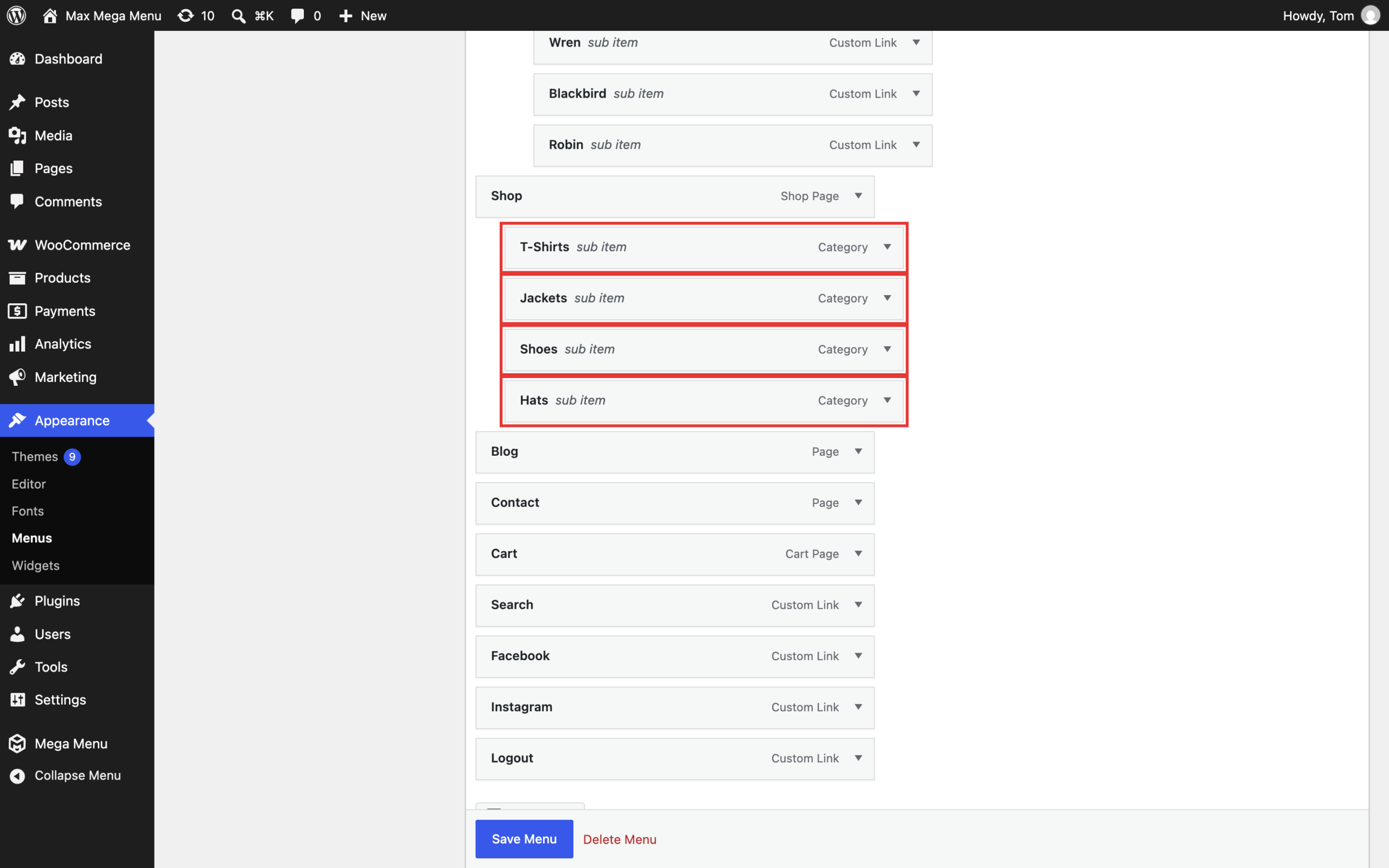 Product categories added as sub menu items of the Shop menu item