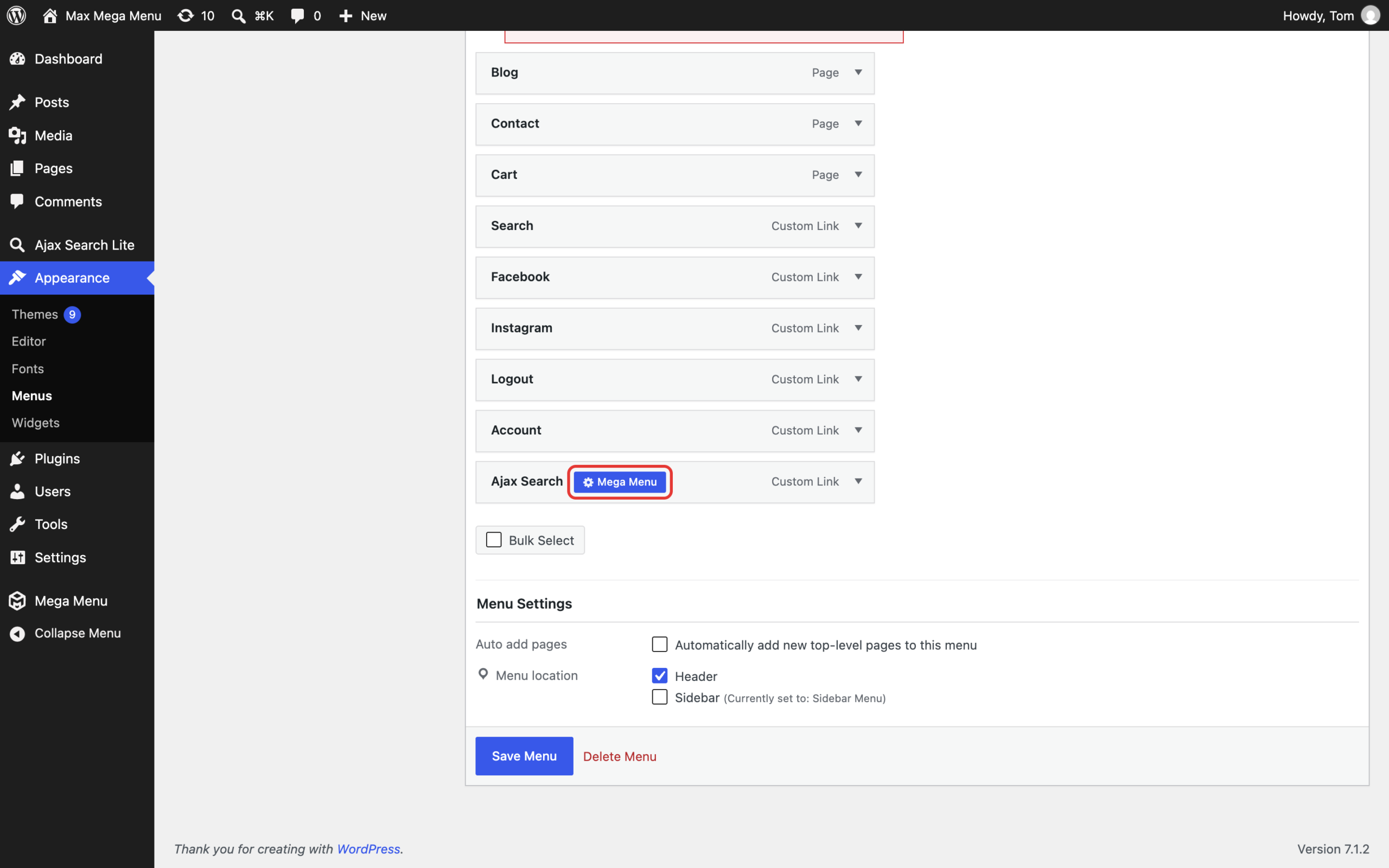 Mega Menu button on the Ajax Search menu item