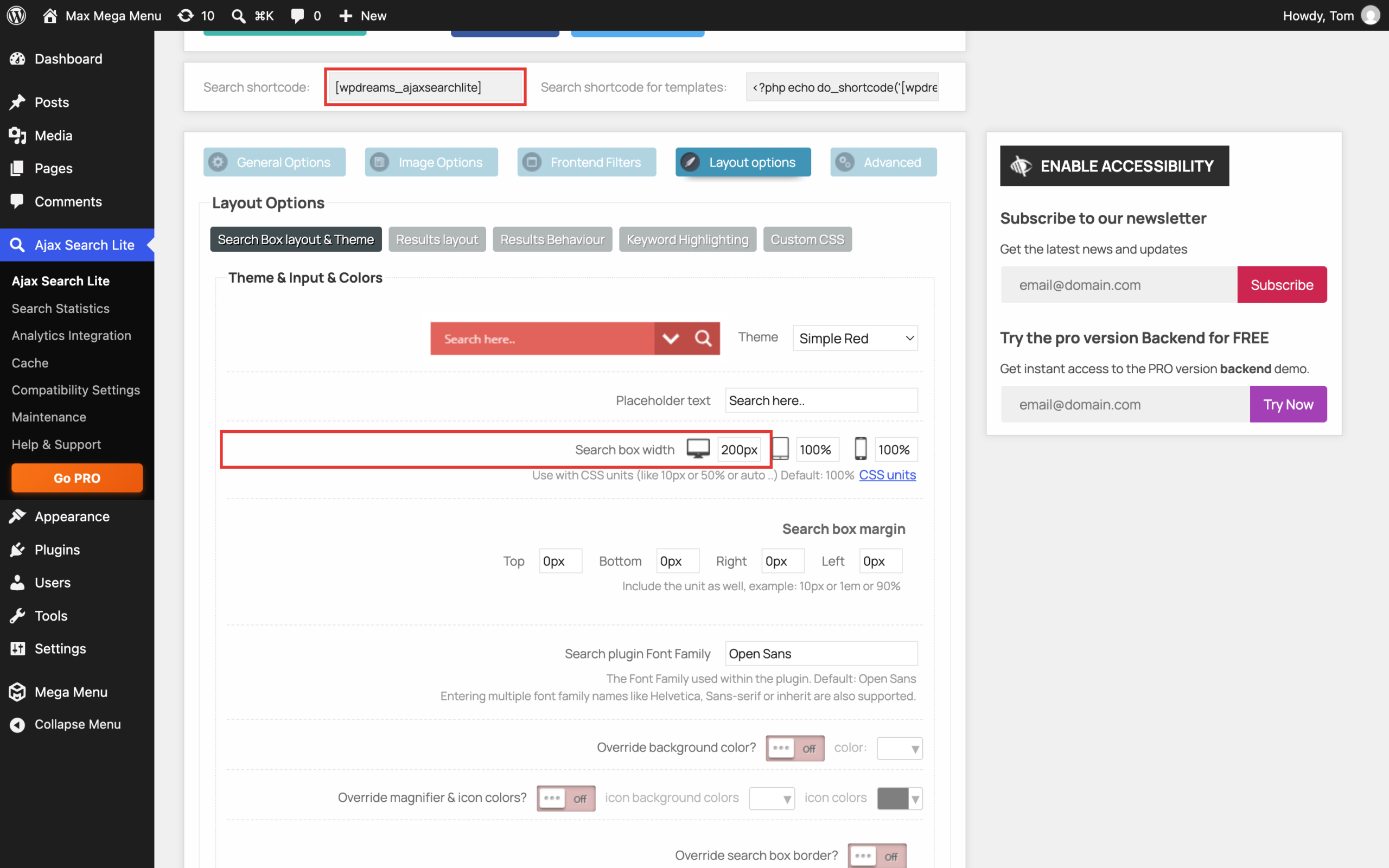 Ajax Search Lite search box width set to 200px