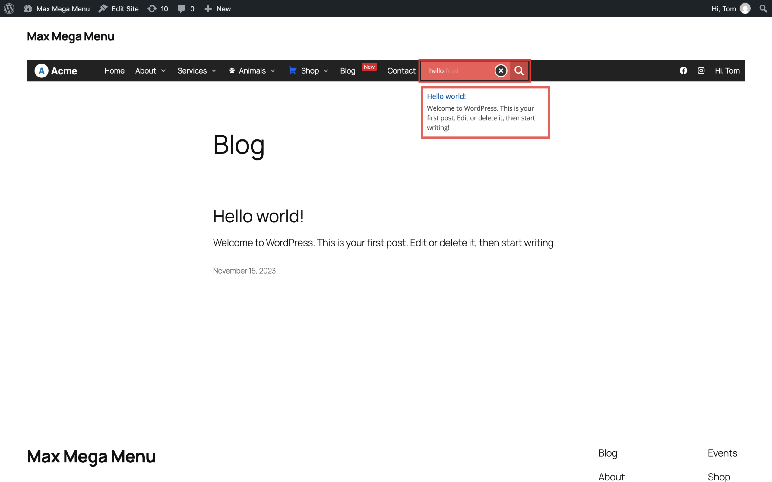 Ajax Search Lite search box with live results in the menu bar