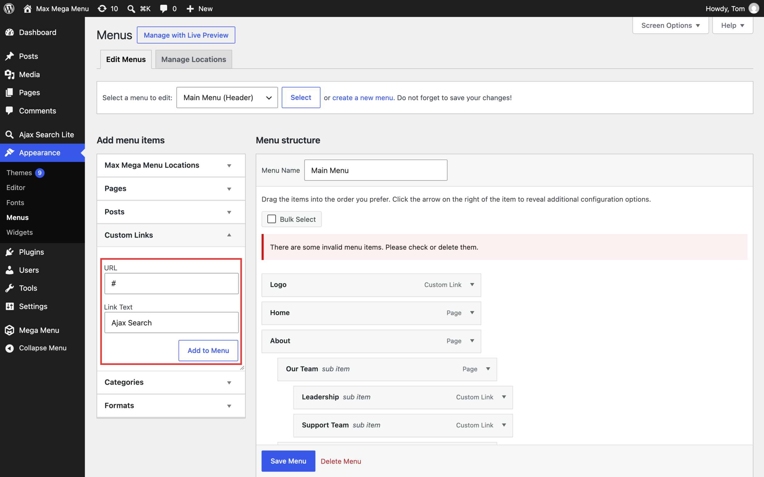 Adding an Ajax Search custom link to the menu