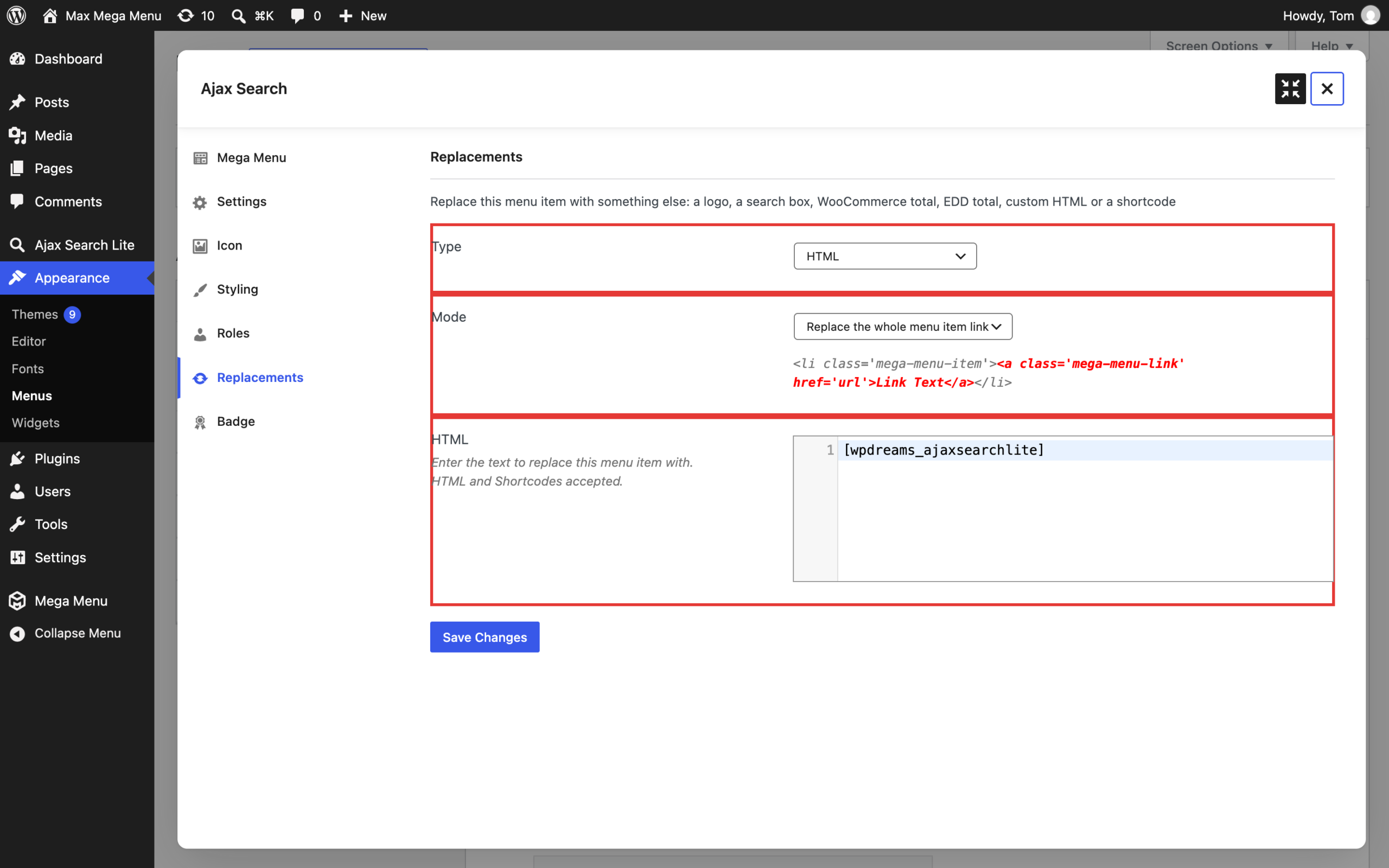 Replacements tab with the Ajax Search Lite shortcode