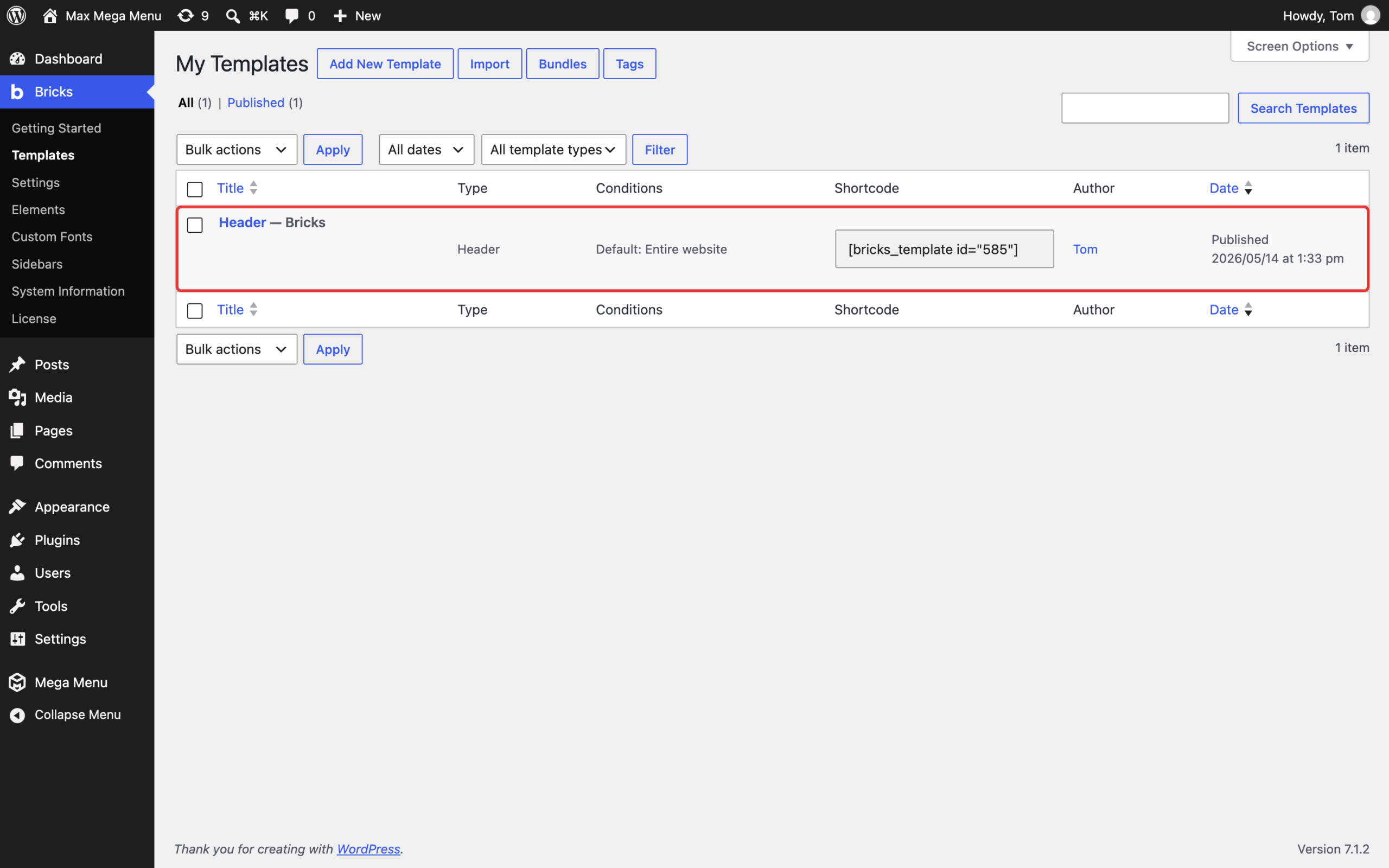 Header template on the Bricks Templates page