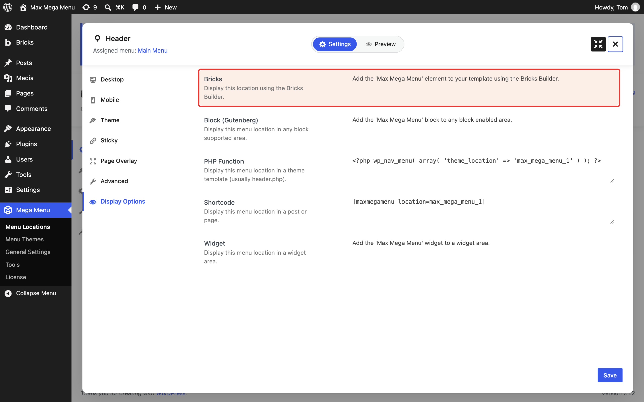 Bricks display option in the menu location settings