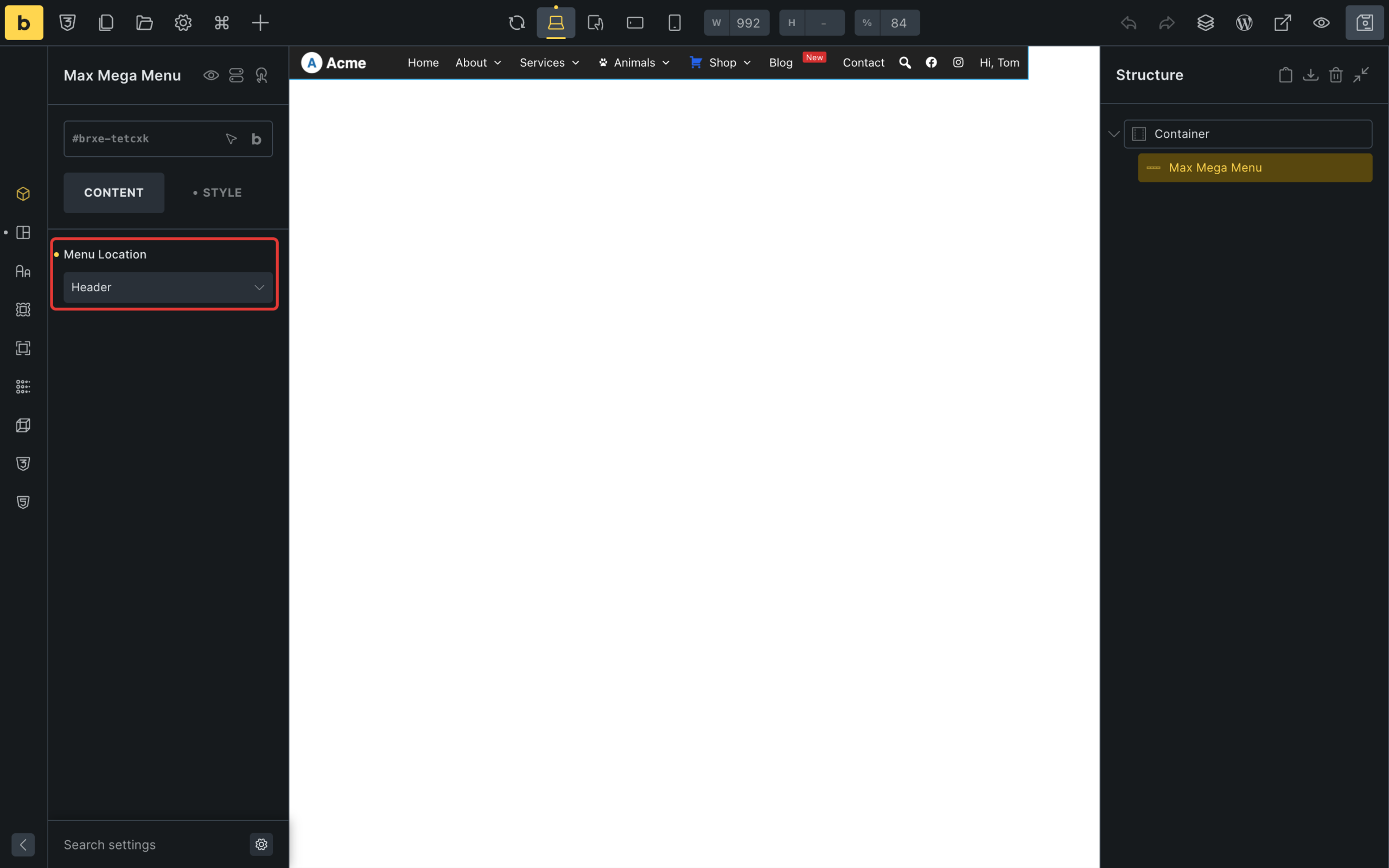 Max Mega Menu Bricks element with the Header menu location selected